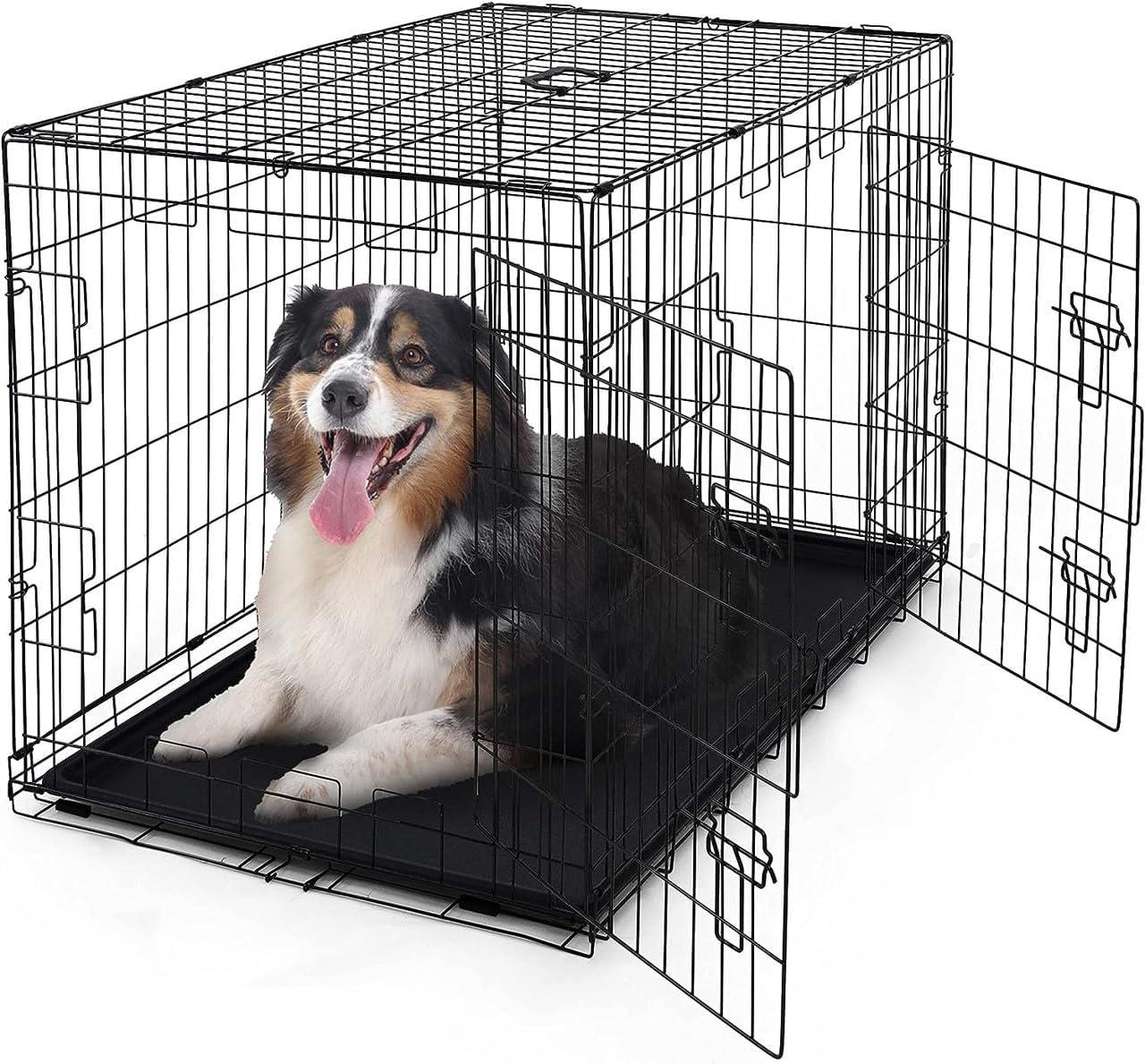 CAPHAUS Foldable Dog Crate Kennel w/Leak-Proof Pan & Divider Panel, Metal Crate, Small, Medium & Large Dog Crate Indoor Wire Cage, 42' w/Double Doors, Black