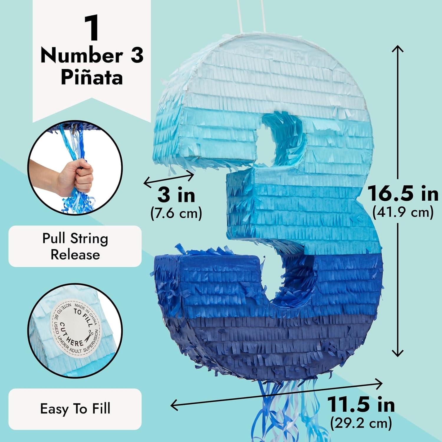 Ombre Blue Number 3 Pull String Pinata for Boys