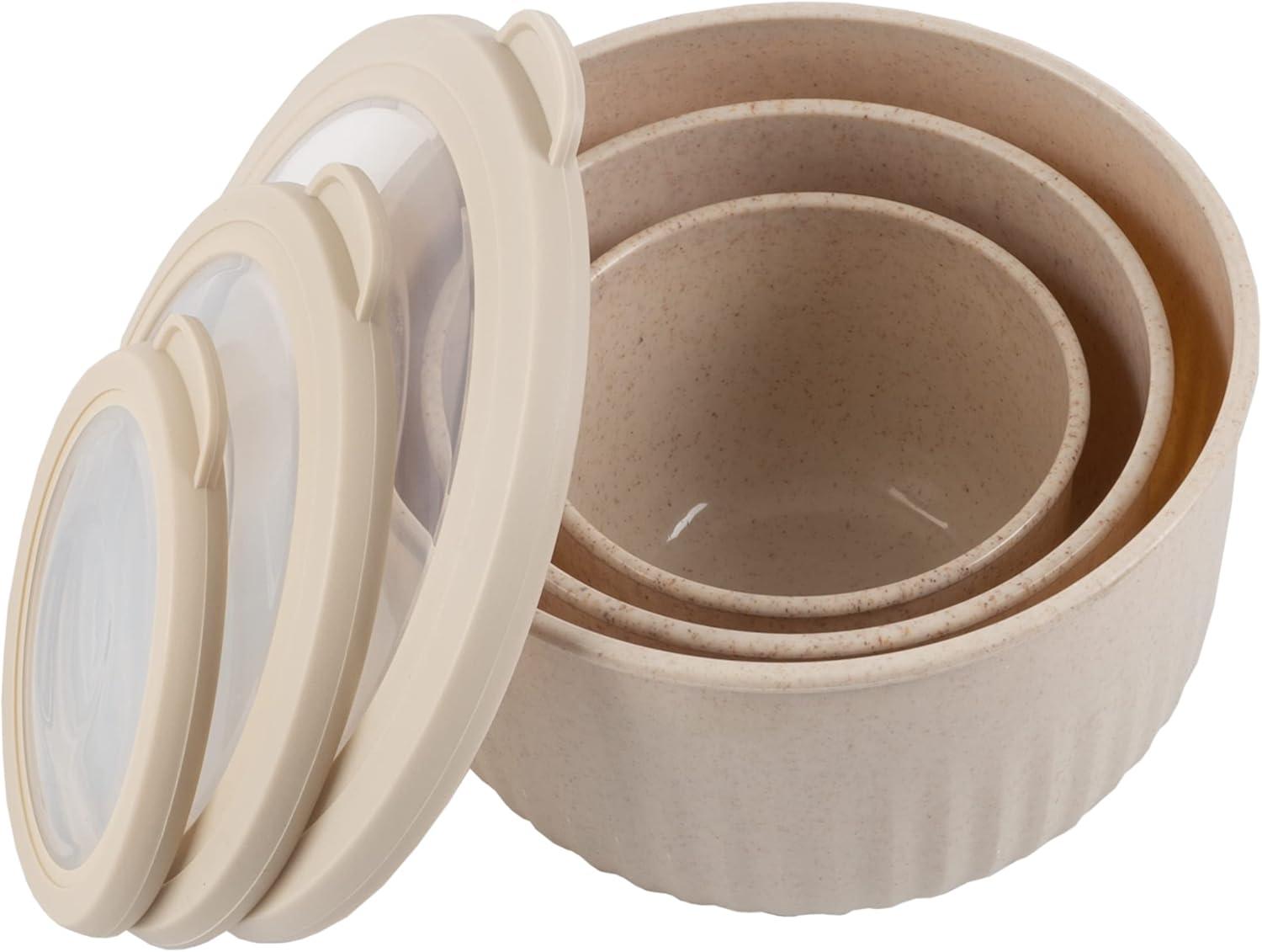 Set of 3 Bowls with Lids - Microwave, Freezer, and Fridge Safe Nesting Mixing Bowls - Eco-Conscious Kitchen Essentials by Classic Cuisine (Beige)