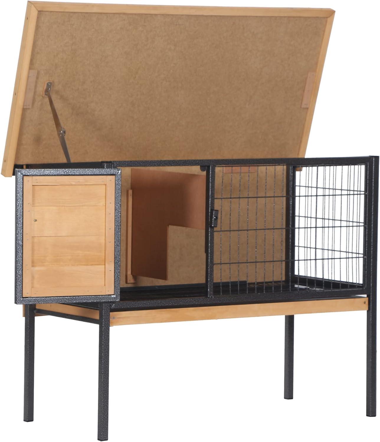 PawHut Rabbit Hutch Elevated Bunny Cage Small Animal Habitat with Metal Frame, Wire Pan, and Asphalt Roof for Indoor/Outdoor Natural Wood