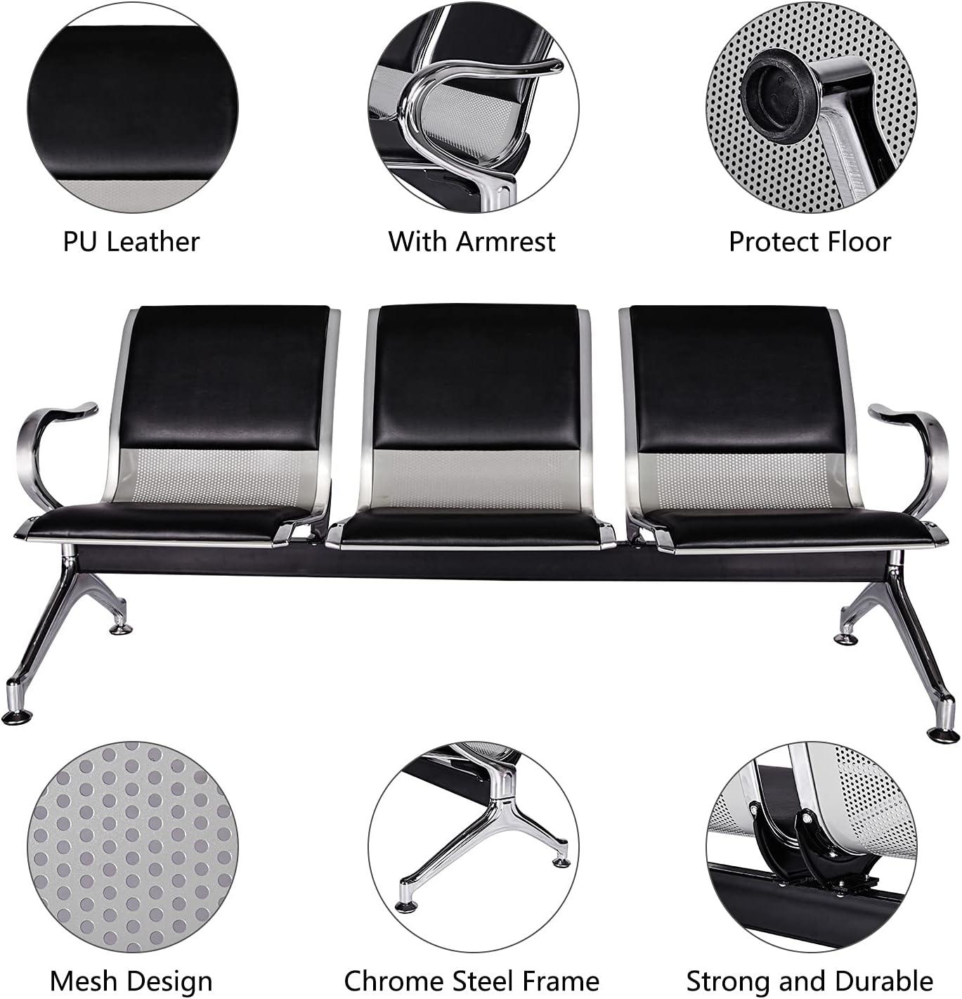 Kinbor Waiting Room Chairs, 3-Seat Reception Chairs Office Guest Waiting Furniture Bench Seating for Airport Bank Hospital, Black