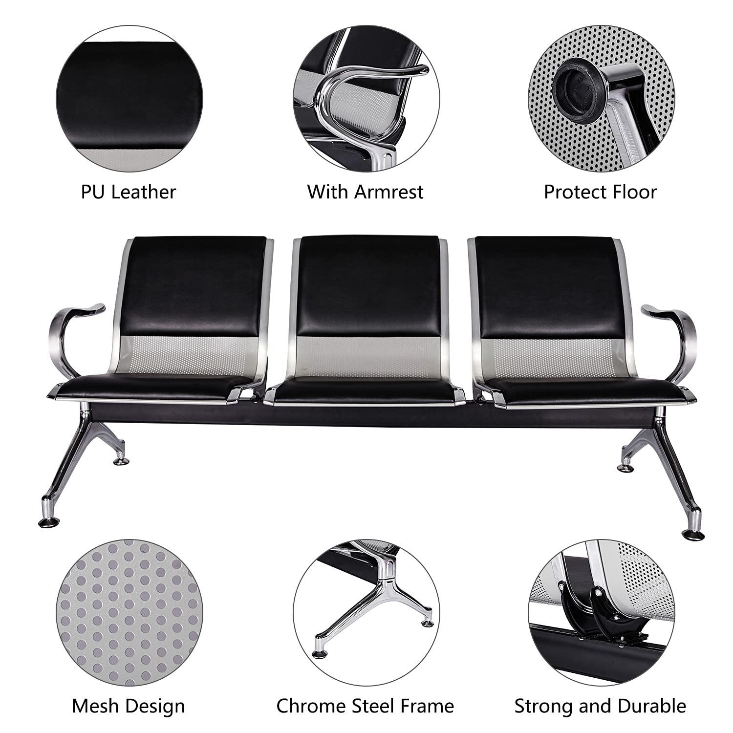 Kinbor Waiting Room Chairs, 3-Seat Reception Chairs Office Guest Waiting Furniture Bench Seating for Airport Bank Hospital, Black