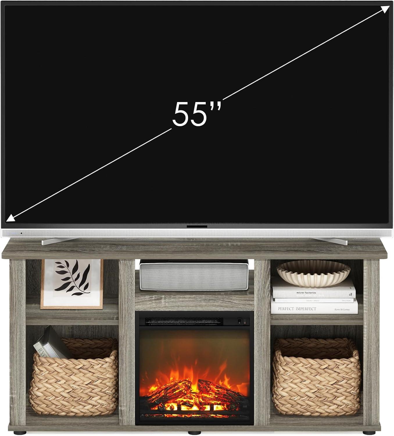 Furinno Jensen Fireplace TV Entertainment Center with Open Storage Compartment for TV up to 55 Inch, French Oak Grey