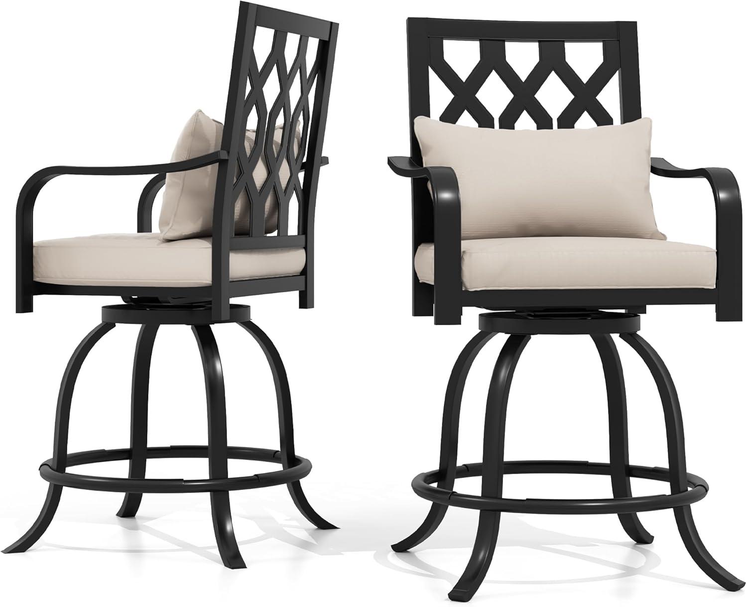 Outdoor 360°swivel Bar Stools Set Of 2 With Seat Cushions High Back & Armrests