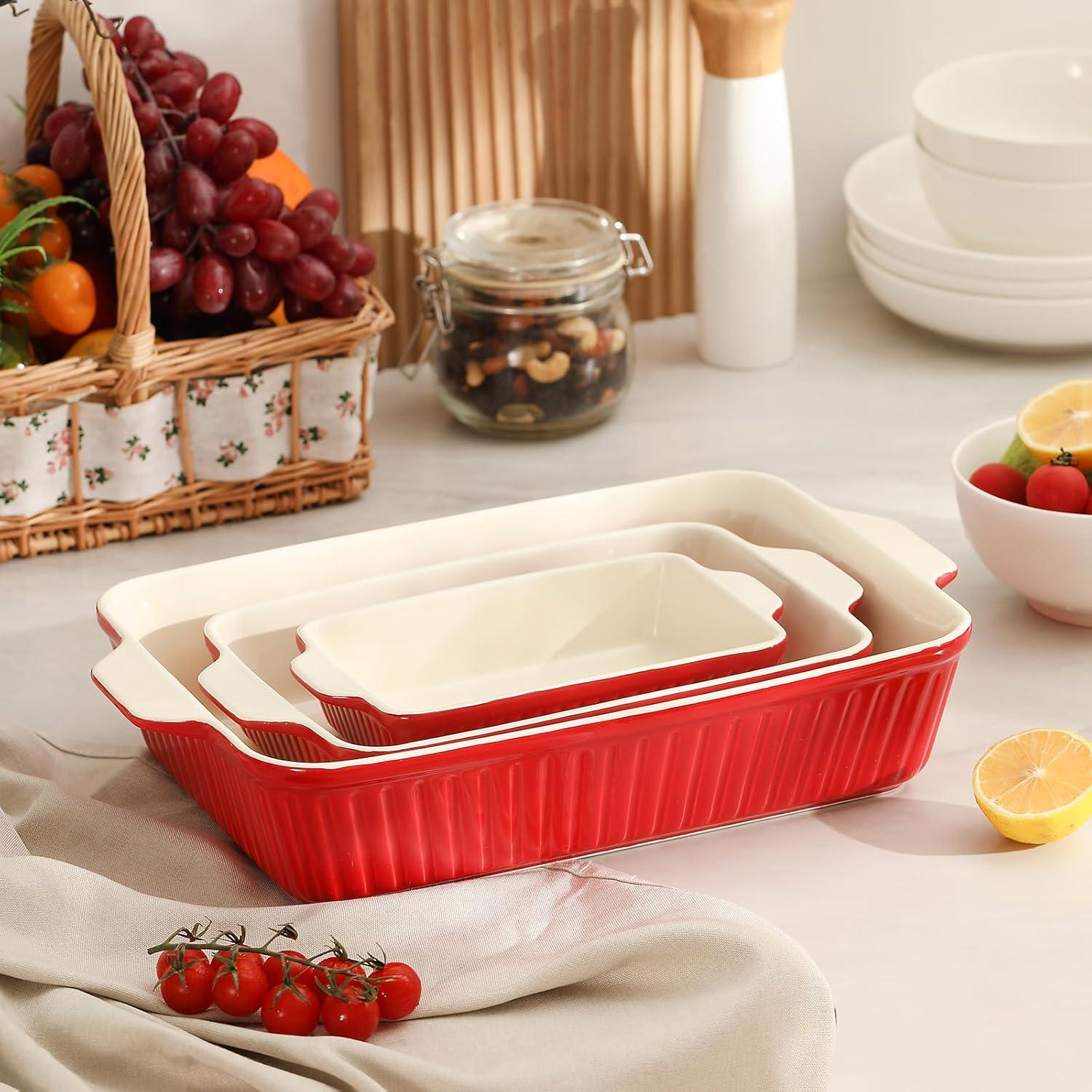 SWEEJAR Rectangular Ceramic Bakeware Set, Non-Stick Roasting Pan with Handles Baking Dishes,Casserole Pans for Cake Dinner, Set of 3 - Red