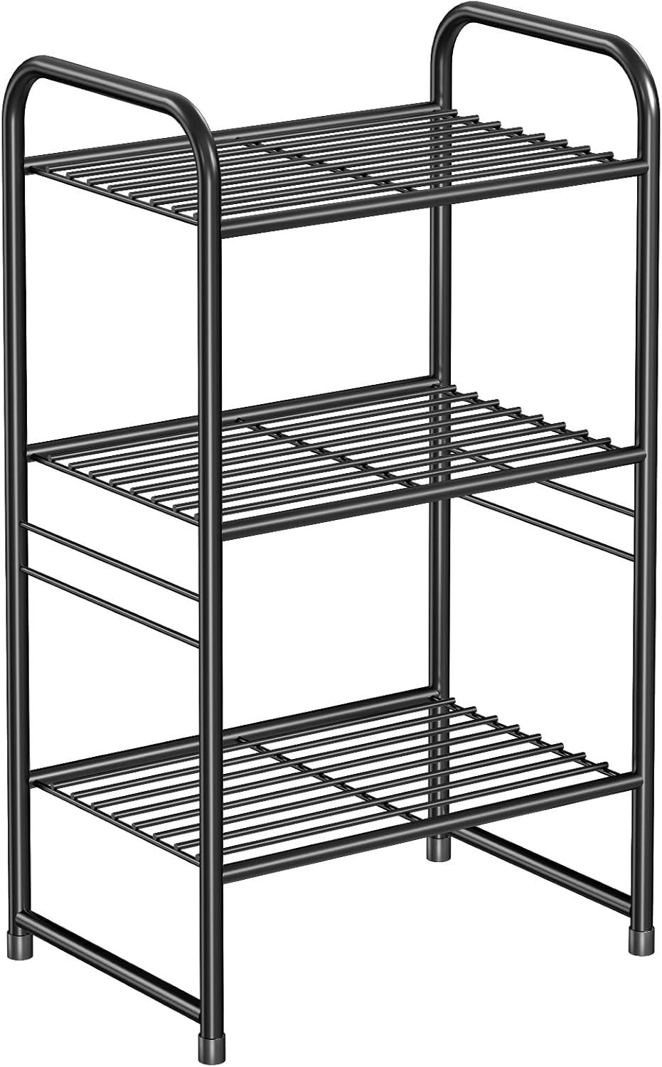 Rebrilliant 3 Tier Wire Shelves For Storage Rack Outdoor Indoor Waterproof, Stackable Metal 17.7-Inch Bathroom Organizer Shelf Stand, Perfect For Kitchen, Black