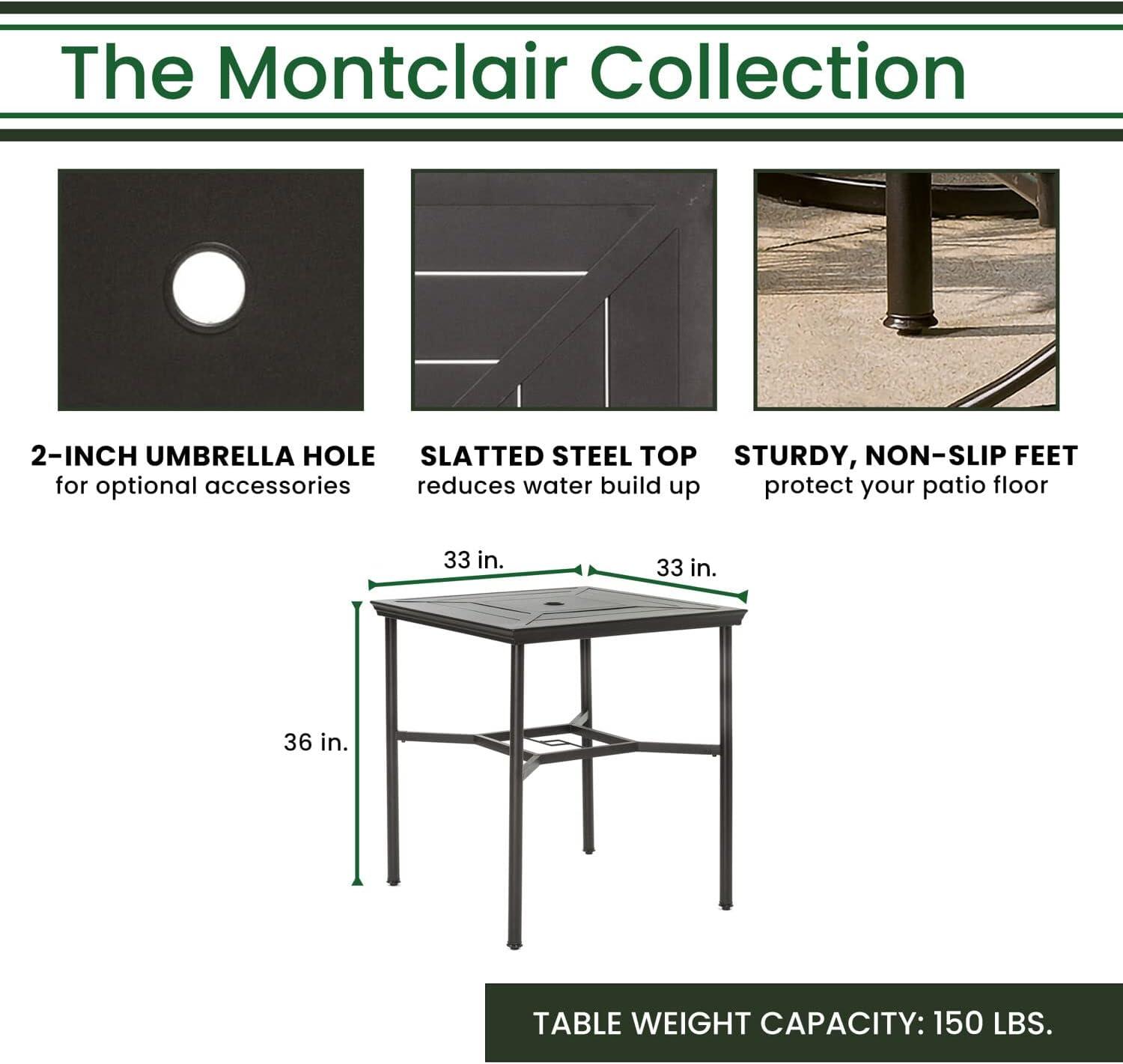 Hanover Montclair 5-Piece All-Weather Outdoor Patio High Dining Set, 4 Swivel Counter-Height Chairs with Comfortable Seat and Lumbar Cushions, 33" Square Stamped Rectangle Table, Umbrella, and Base