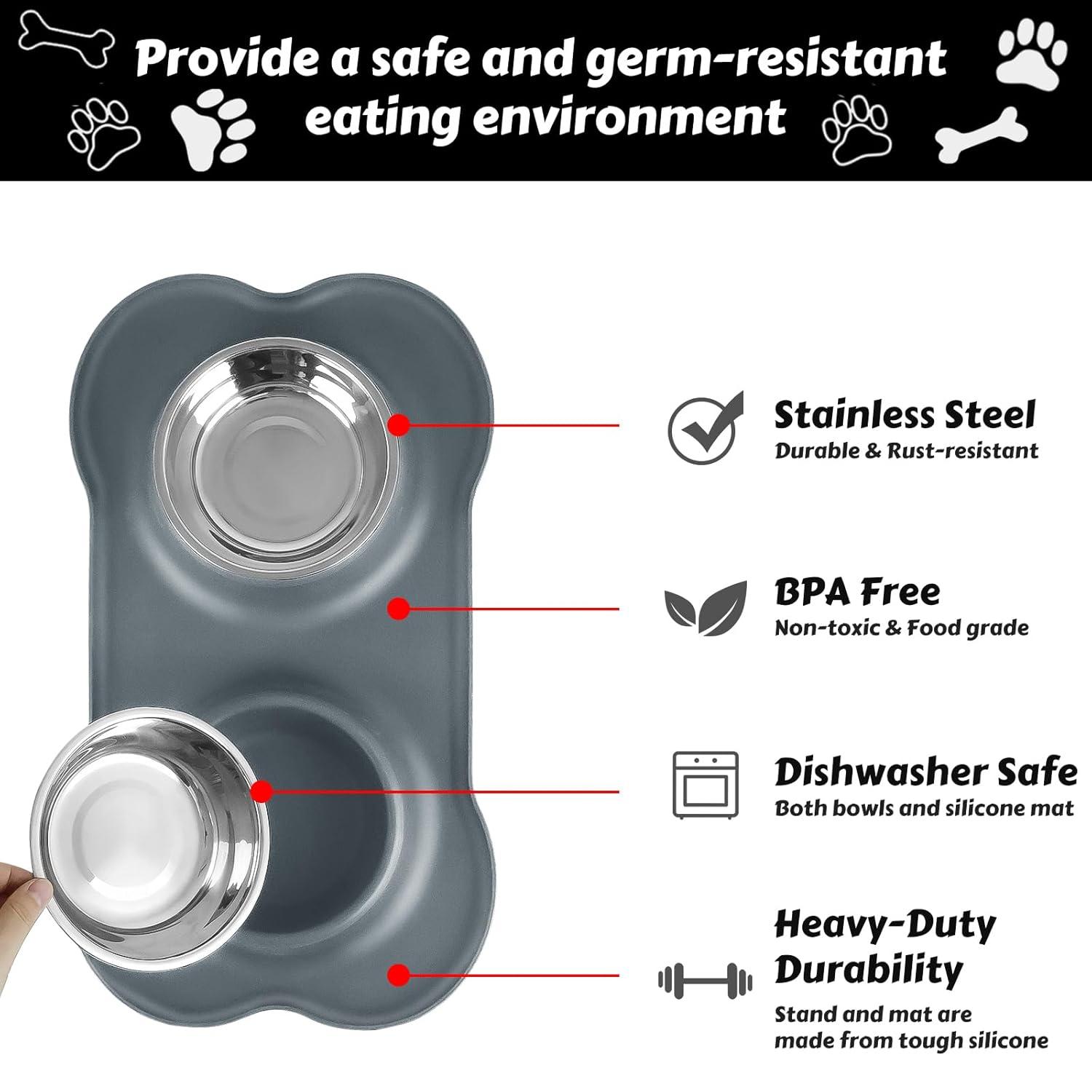 AsFrost Dog Food Bowls Stainless Steel Dog Food & Water Bowl Set with No Spill No Slip Silicone Mat, Dog Dishes for Small Medium Size Dogs Pet Cat Puppy Food Feeding Bowls, Grey, 24oz, 3 Cup