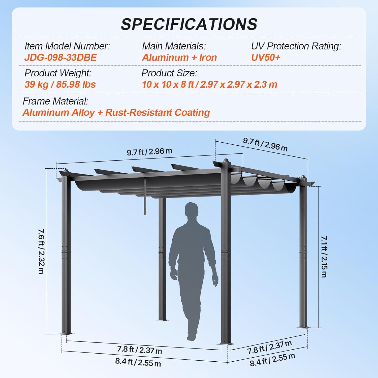 Gray Aluminum Outdoor Pergola with Retractable Canopy