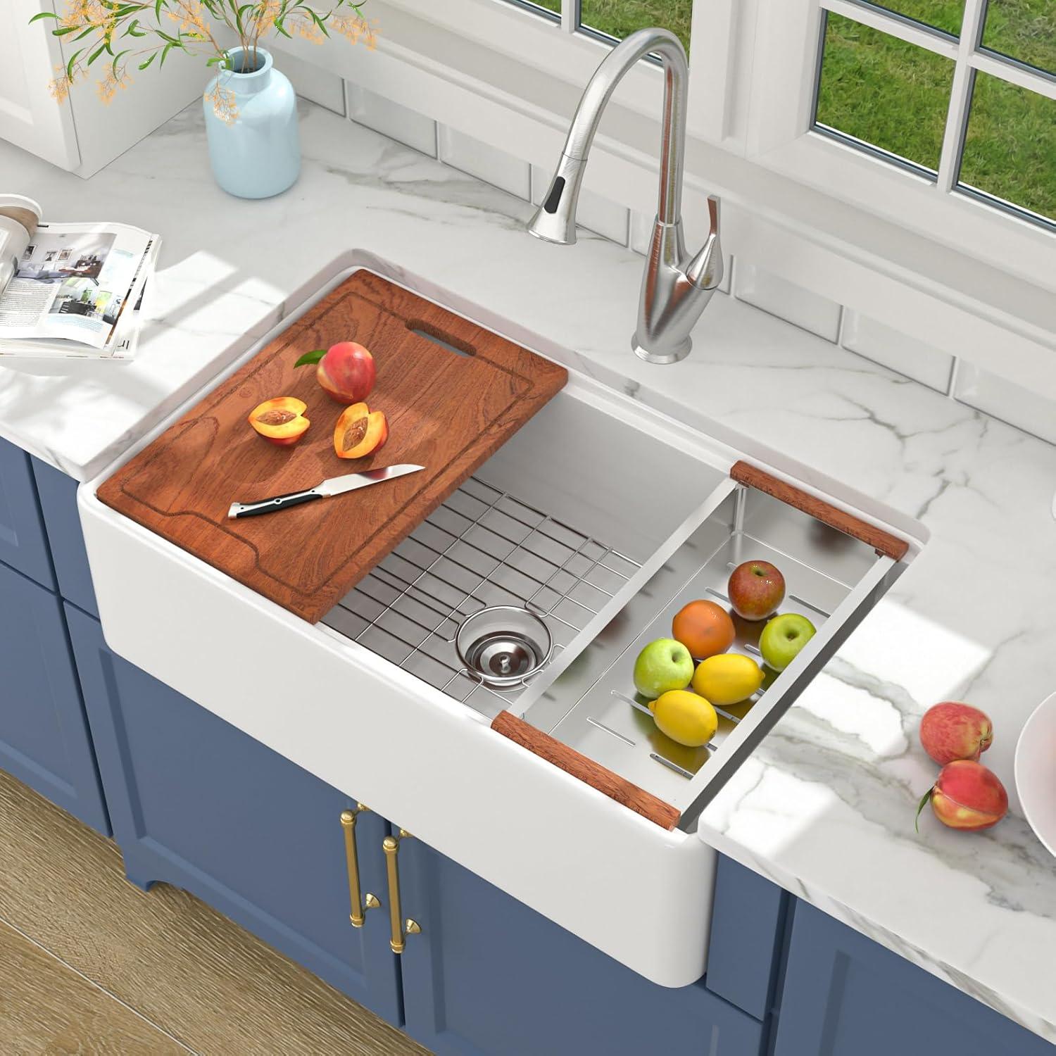 33"L x 20"W Farmhouse Kitchen Sink Deep Single Bowl Fireclay Workstation Sink with Cutting Board and Dish Drying Rack
