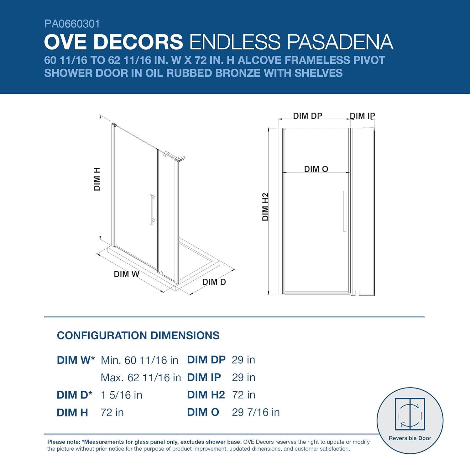 Endless Pasadena 62" W x 72" H Alcove Frameless Shower Kit, Door, Panel, Shelves