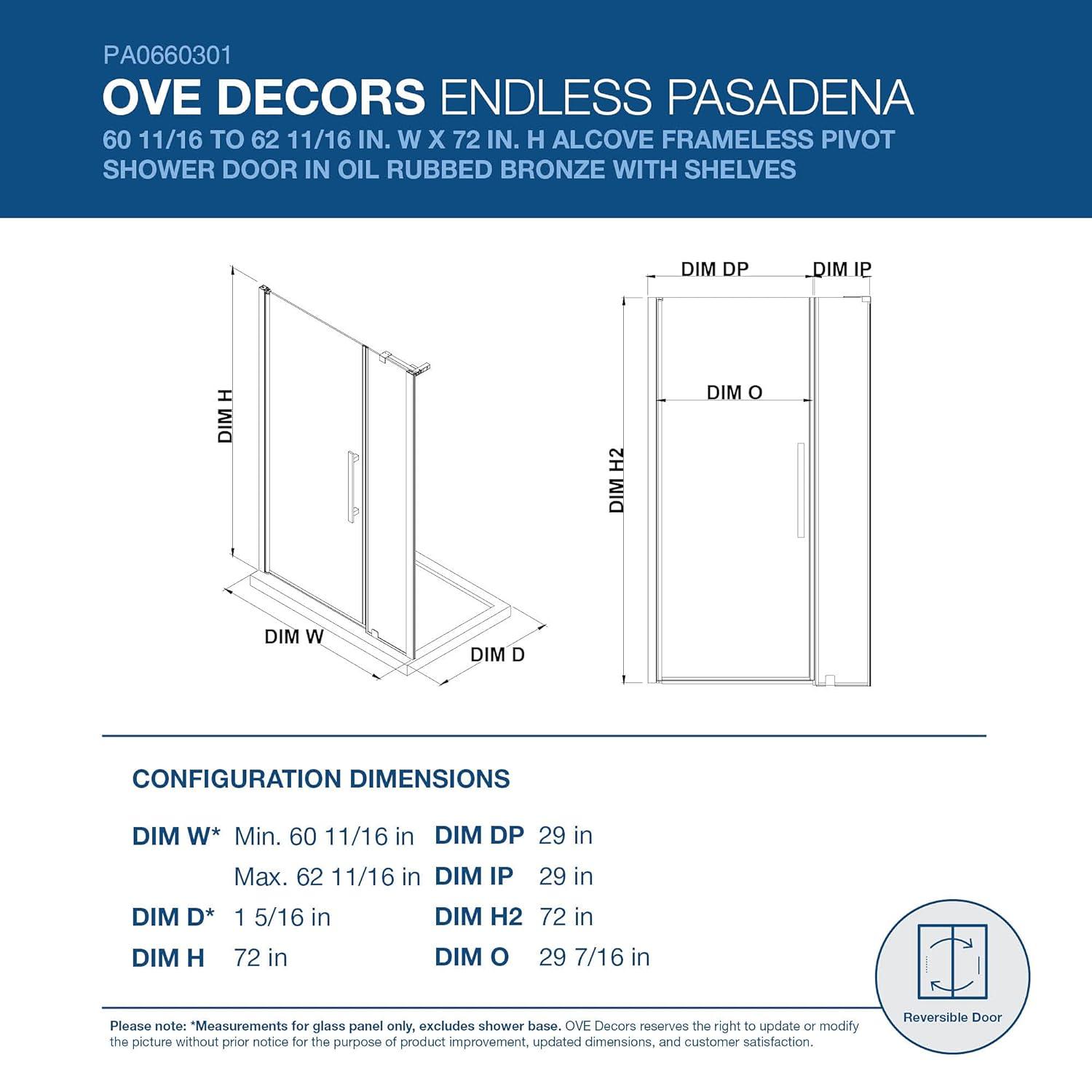 Endless Pasadena 62" W x 72" H Alcove Frameless Shower Kit, Door, Panel, Shelves