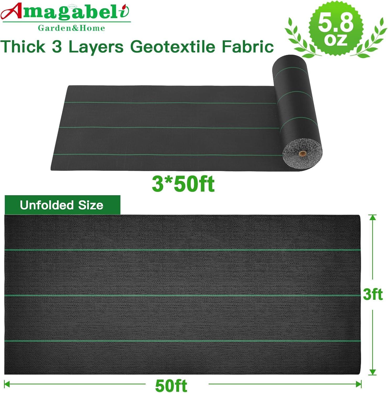 Amagabeli Heavy Duty Geotextile Ground Cover Weed Barrier Fabric, Black, 5.8oz, 3ft x 50ft