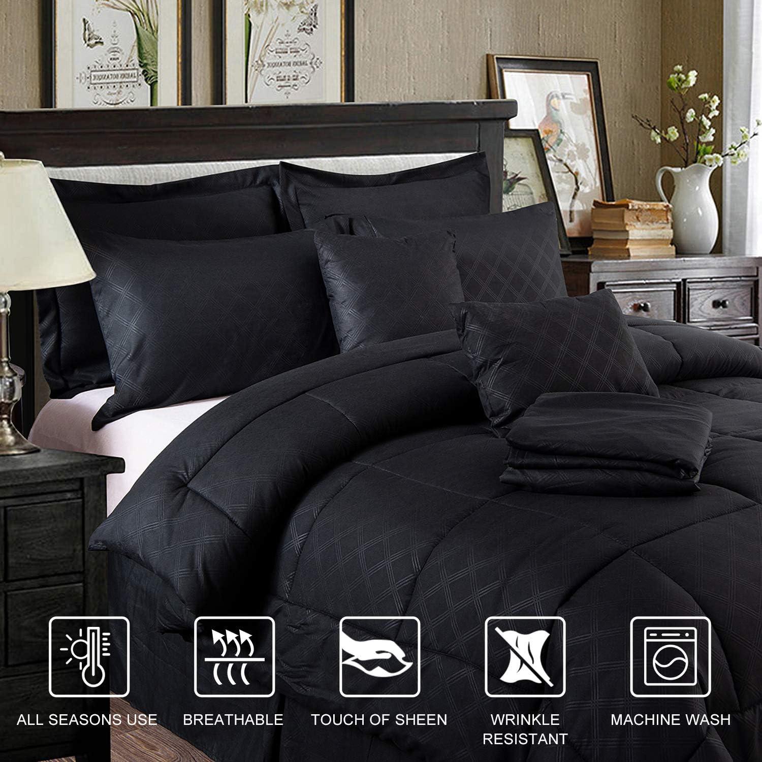 JML Black Queen Comforter Set - 10 Pieces Bedding Set Bed in a Bag with Comforters, Sheets, Bed Skirt, Decorative Pillows, Pillowcases & Shams