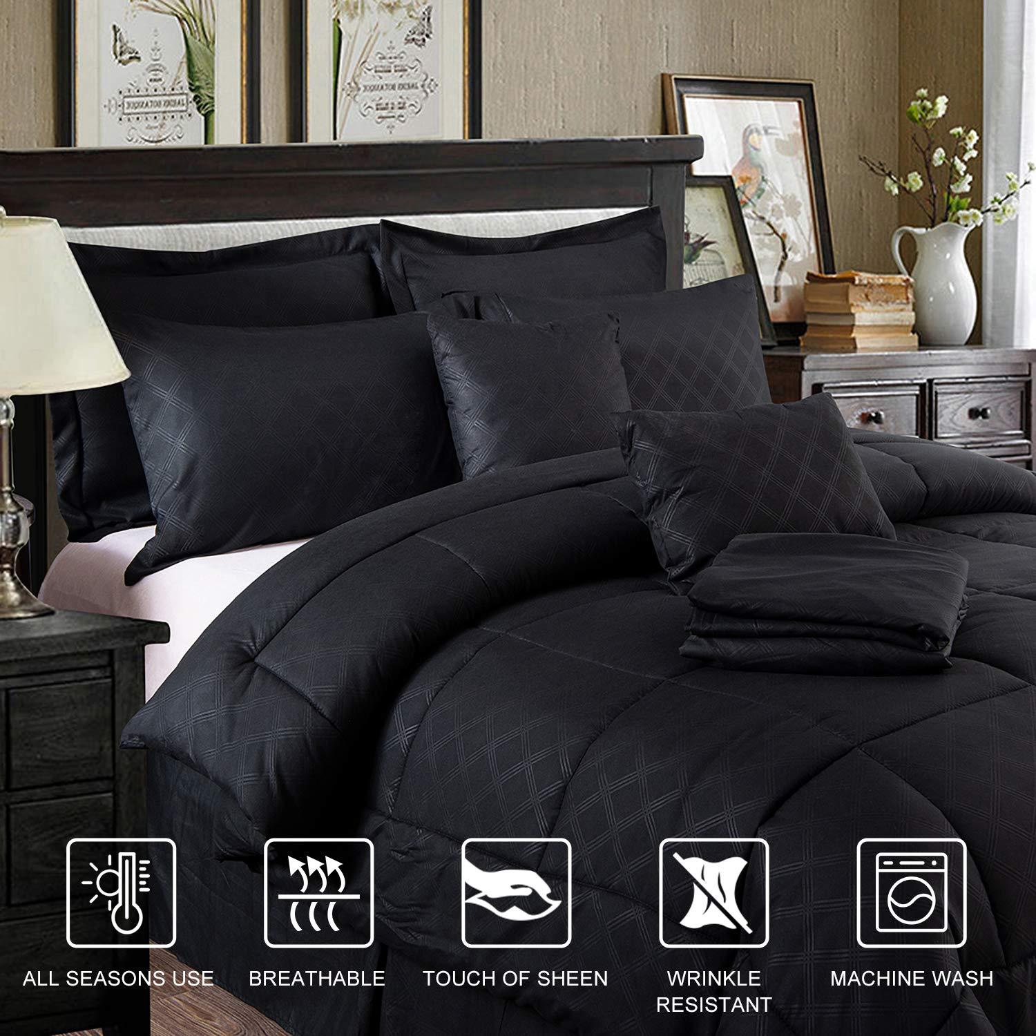 JML Black Queen Comforter Set - 10 Pieces Bedding Set Bed in a Bag with Comforters, Sheets, Bed Skirt, Decorative Pillows, Pillowcases & Shams