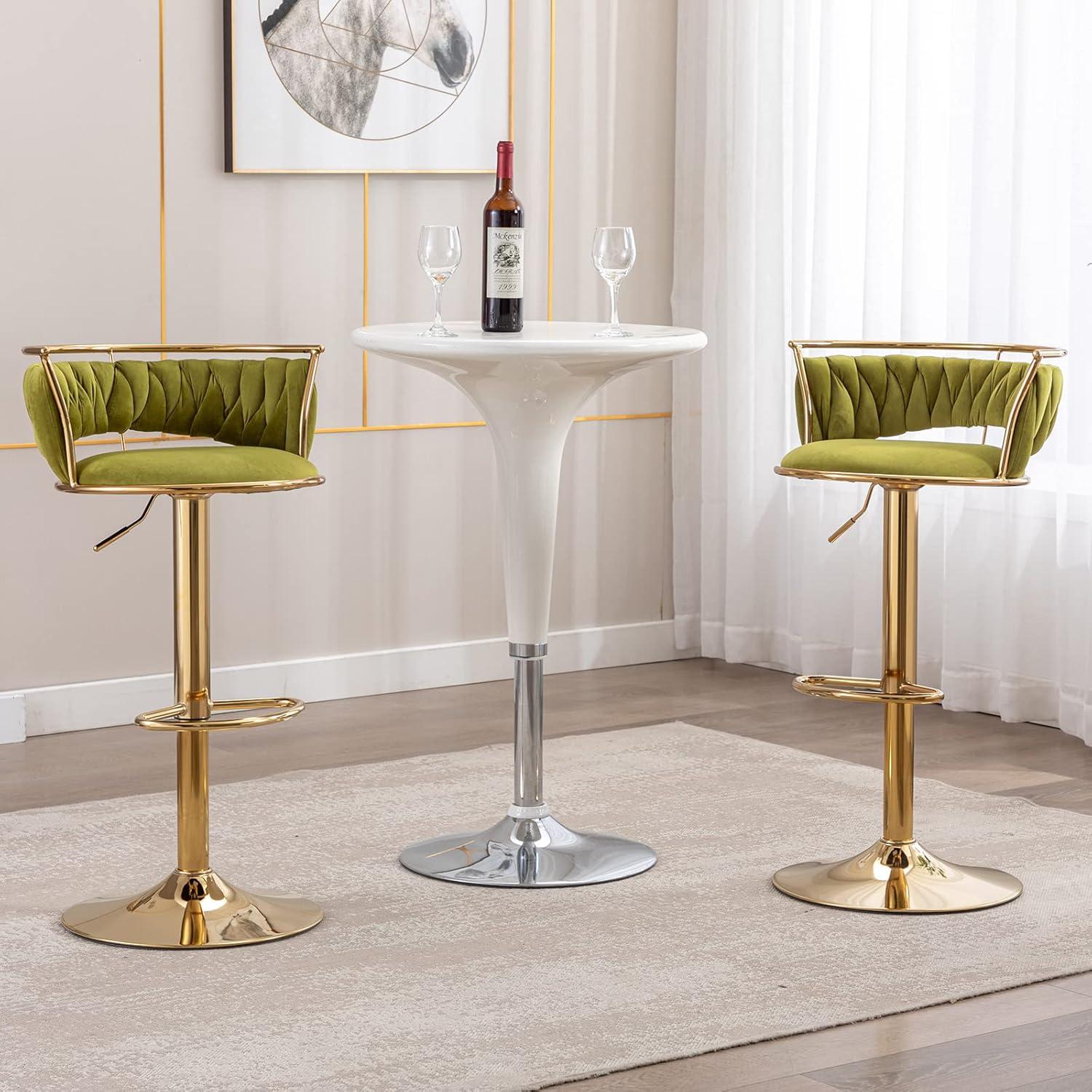 Emerald Green Velvet Adjustable Swivel Bar Stools with Gold Base, Set of 2