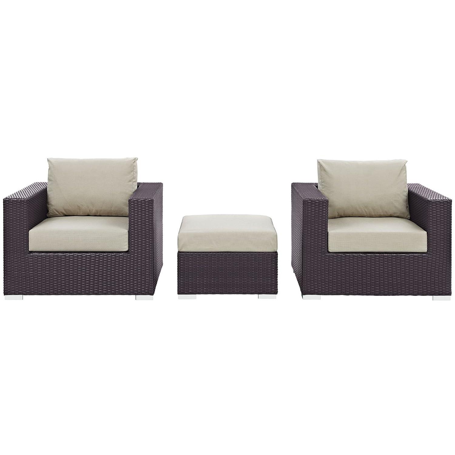 Espresso Beige Wicker Rattan 3-Piece Outdoor Sofa Set