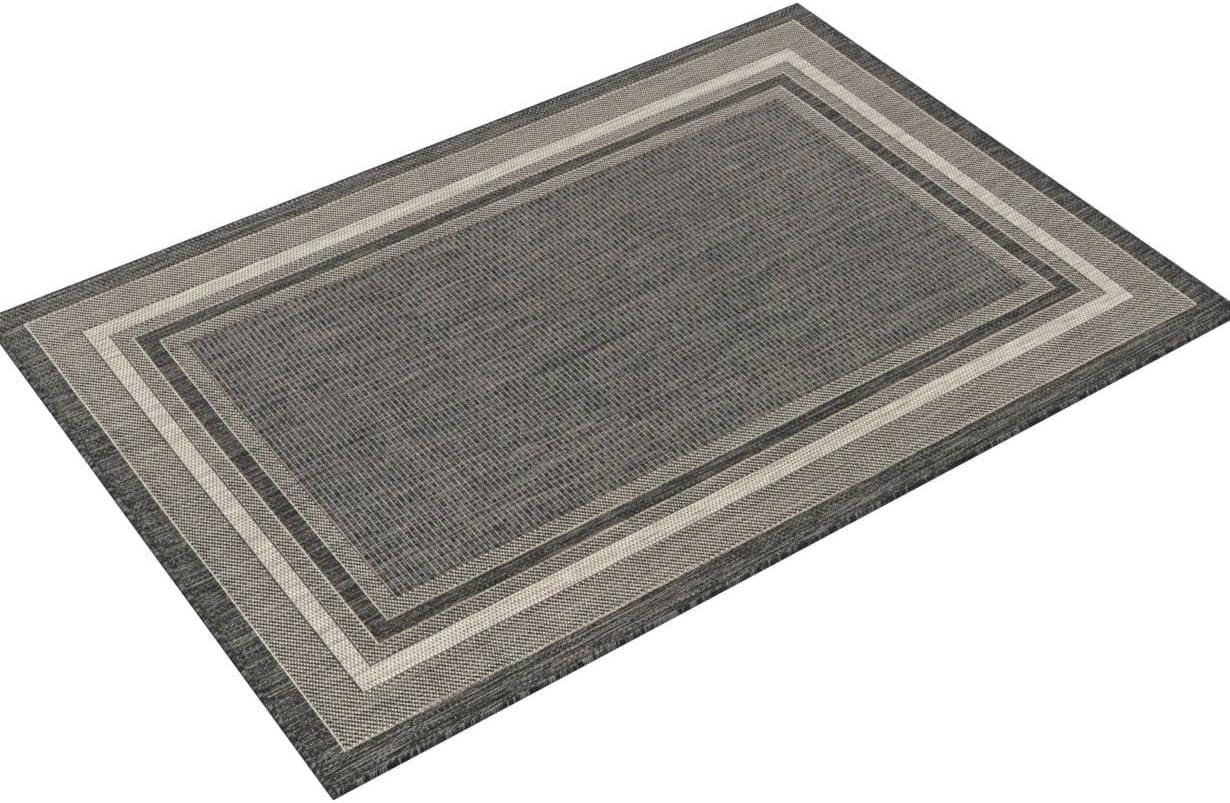 4' x 6' James Modern Border Stripe Indoor/Outdoor Area Rug, Black/Cream - JONATHAN Y