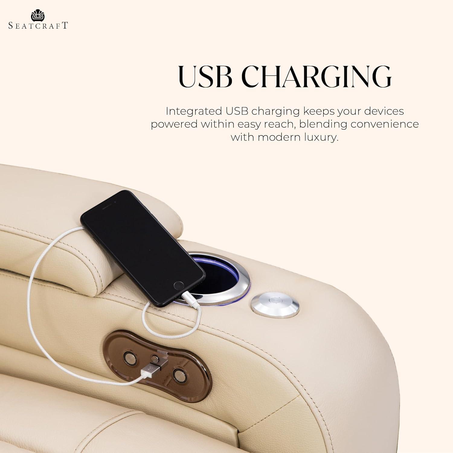 Seatcraft Serenity Italian Leather Home Theater Seating - Living Room - Power Recline - Tray Tables - in-Arm Storage - Ambient Base Lighting and Lighted Cupholders (Row of 4 Middle Loveseat, Cream)