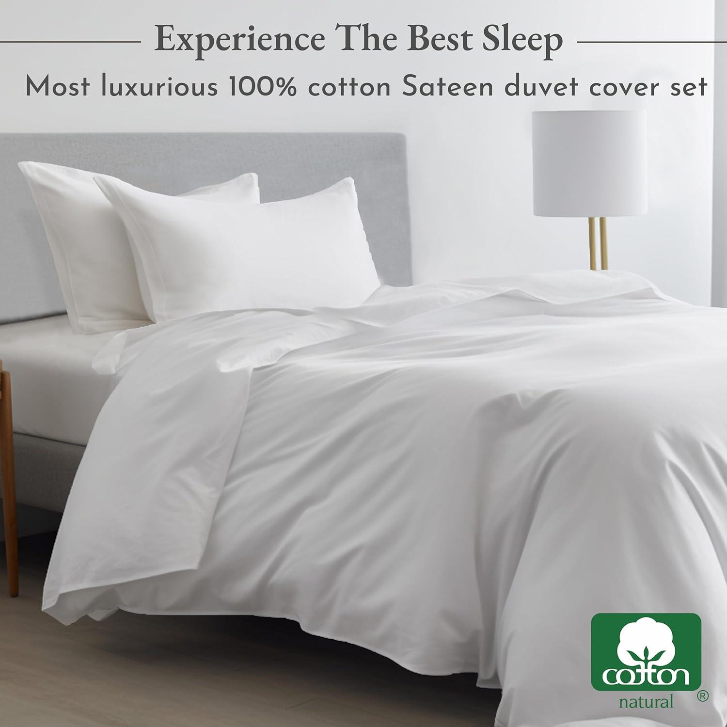 100% Cotton Duvet Cover Set - Premium 400 Thread Count, , Smooth Sateen Weave, Button Closure and Corner Ties (3 Piece, Pure White, Oversized King)