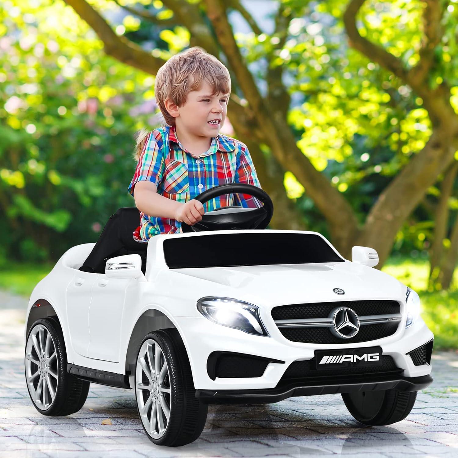 OLAKIDS 12V Electric Kids Ride On Car, Licensed Mercedes Benz GLA45 Toy Car with Remote Control, MP3 Plug, USB, 2 Speeds, LED Lights, Battery Powered Toy Vehicle for Toddler Children (White)