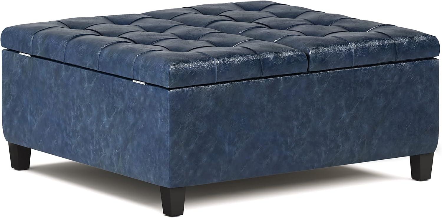 Simpli Home Harrison 36"W Upholstered Square Coffee Table Storage Ottoman with Split Lift Top
