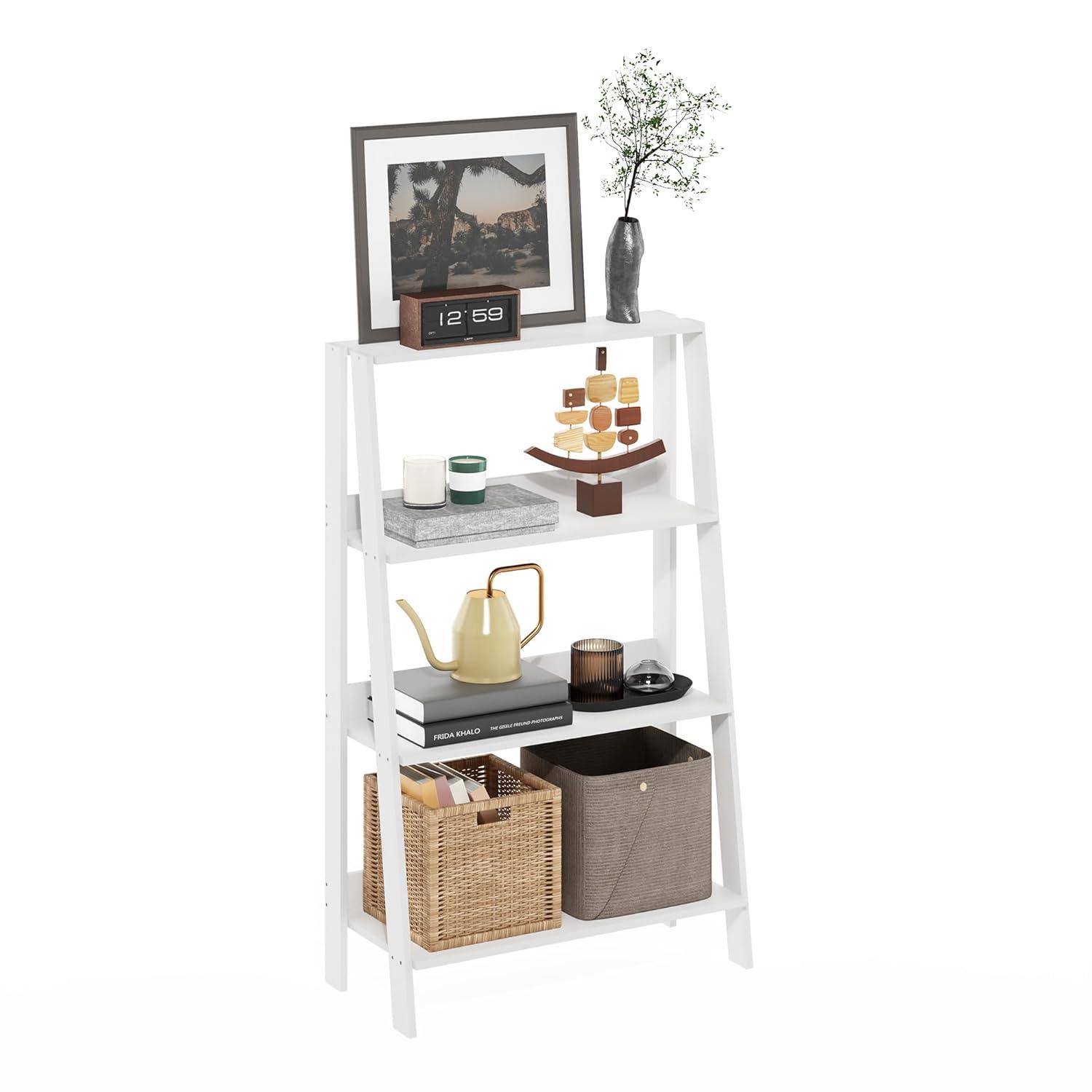 Furinno Ladder Bookcase Display Shelf, 4-Tier, White