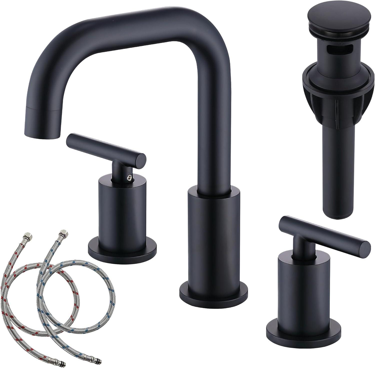 Matte Black 8 inch Widespread Bathroom Sink Faucet Vanity Lavatory Faucet for 3 Holes with Pop up Drain and 360 Degree Swivel Brass Spout