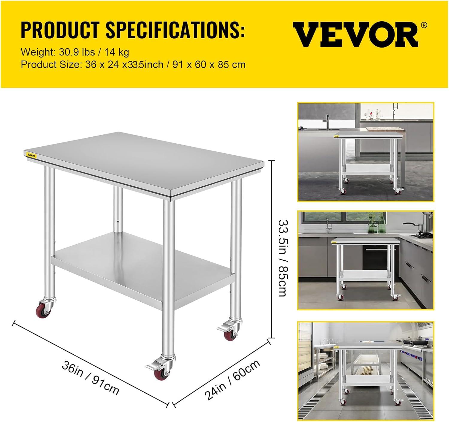 36x24 Inch Stainless Steel Work Table with Wheels