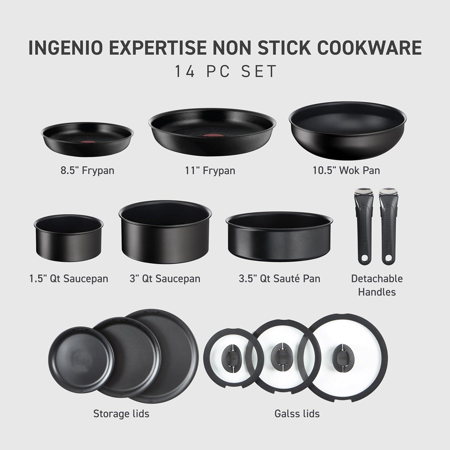 T-fal Ingenio Expertise Nonstick 14-Piece Cookware Set, Induction Oven Safe up to 500F, Detachable Handle, Onyx Black