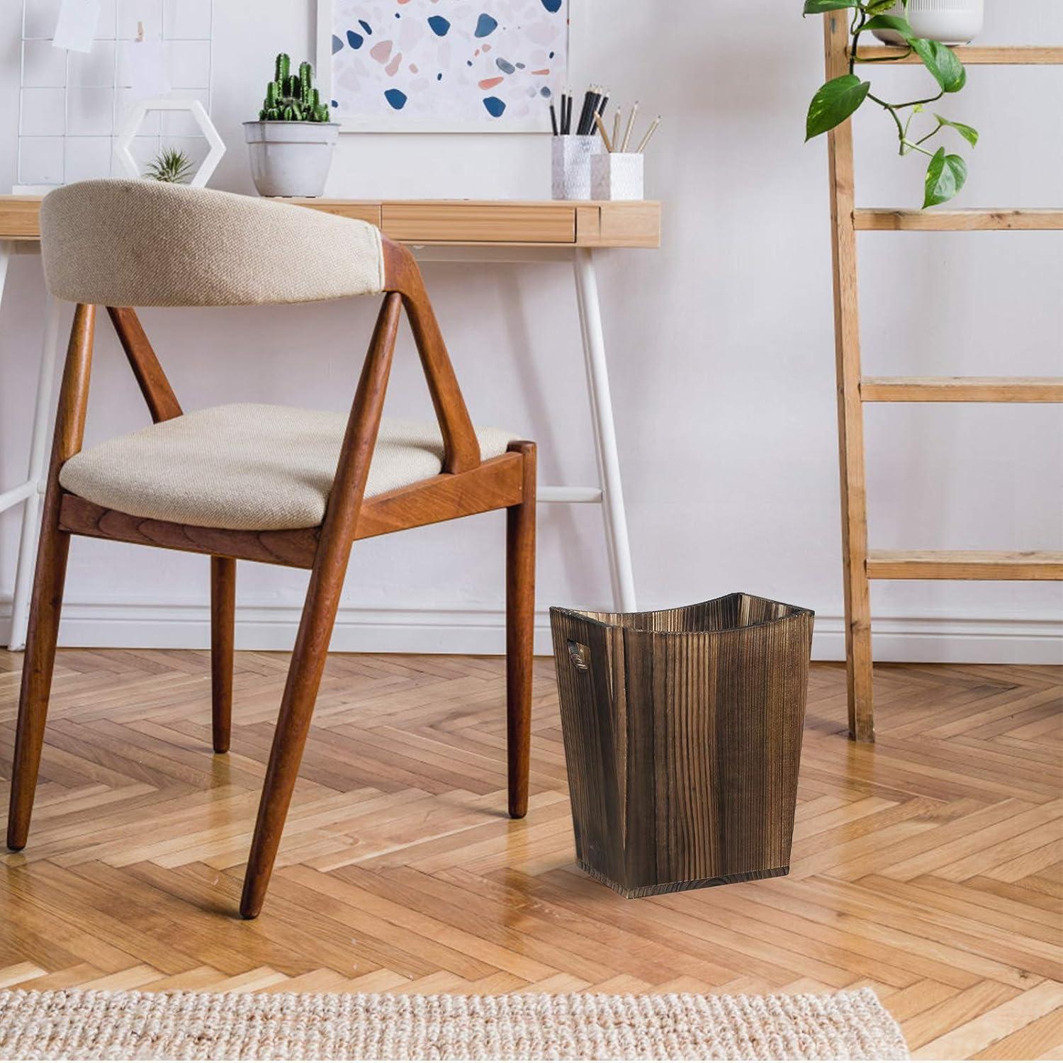 Light Brown Wooden Trapezoid Bathroom Trash Can