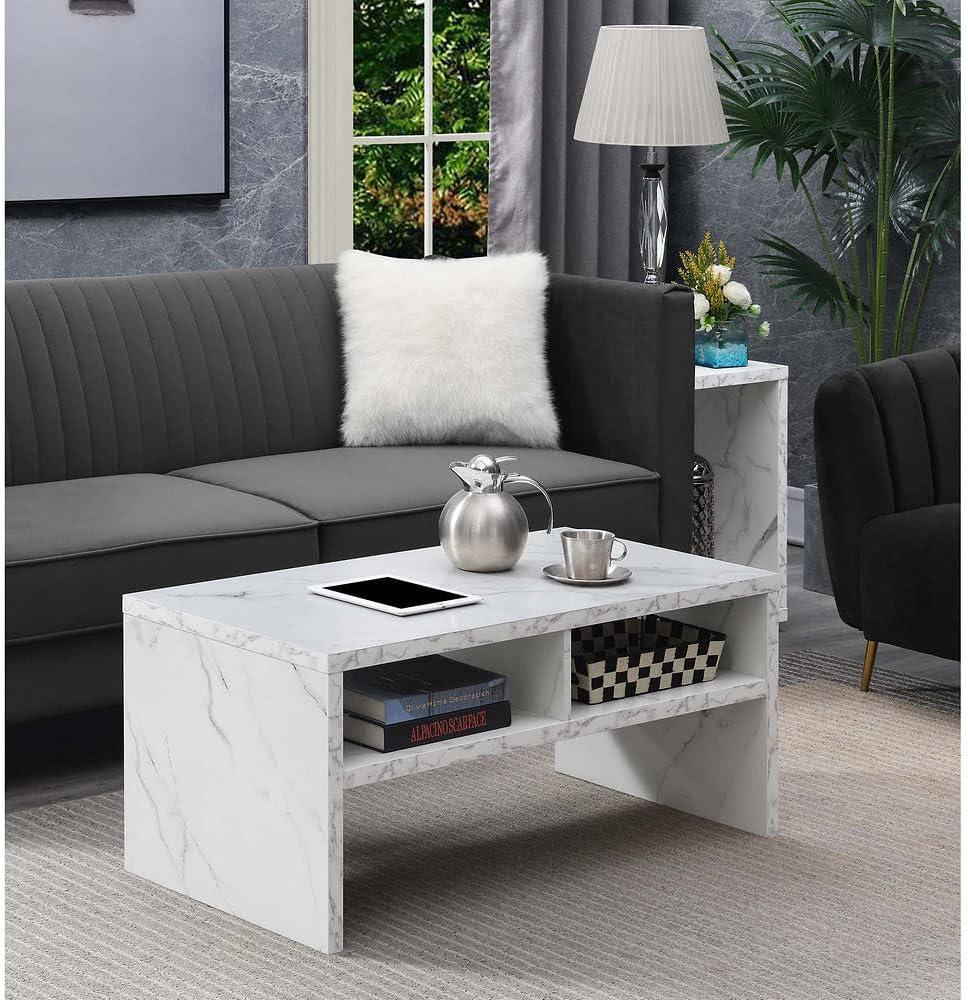 Modern Rectangular Wood & White Marble Coffee Table with Shelves