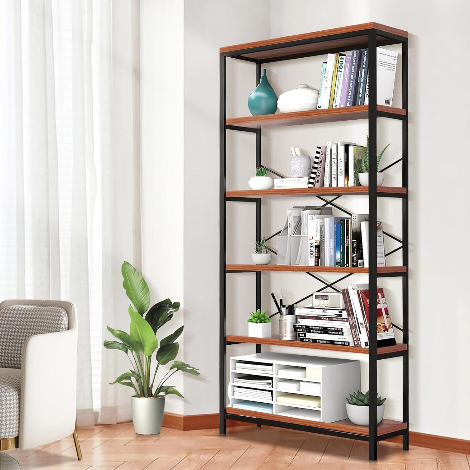 Tall Black Wood 6-Tier Ladder Bookshelf with Cubes