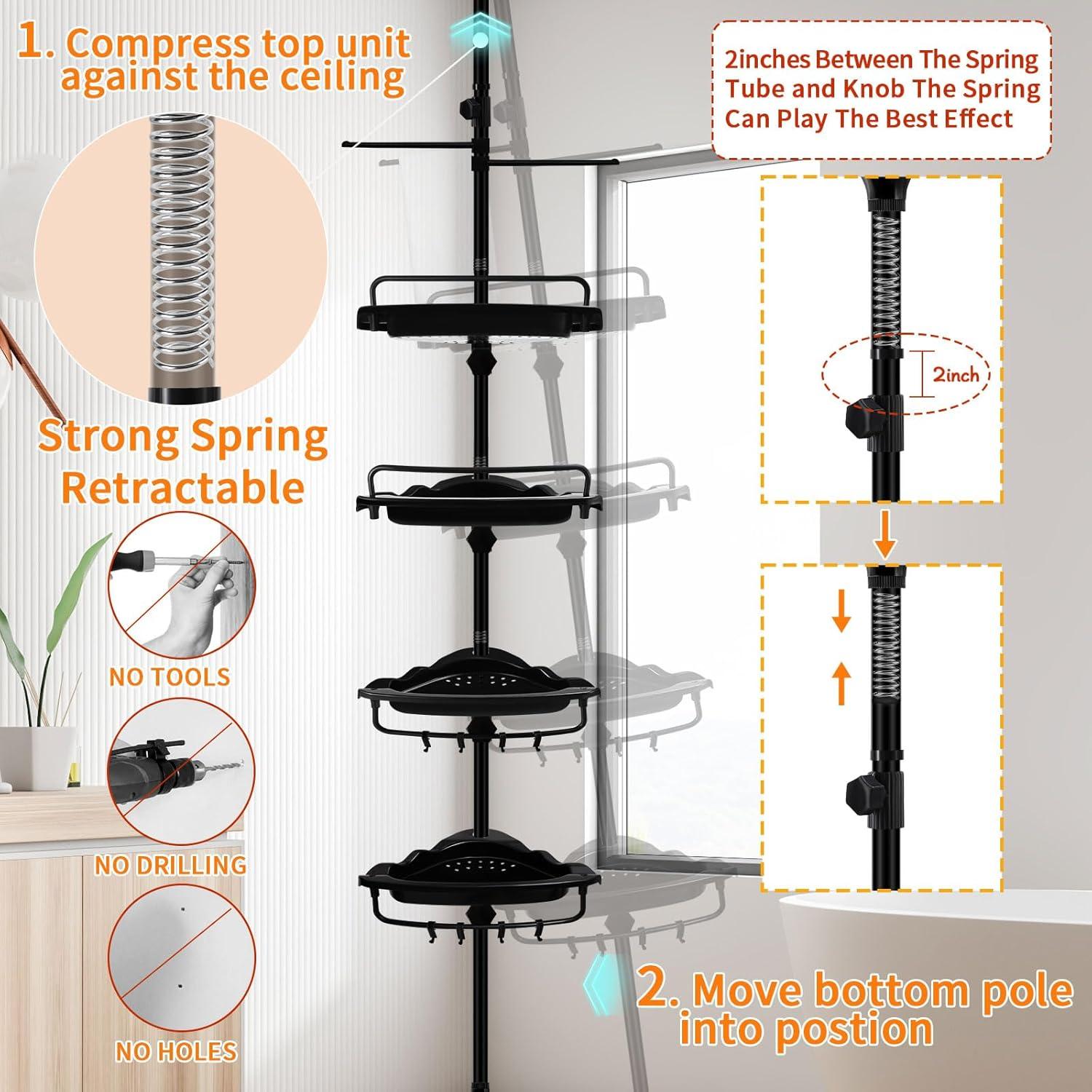 Black Stainless Steel Adjustable Tension Pole Shower Caddy