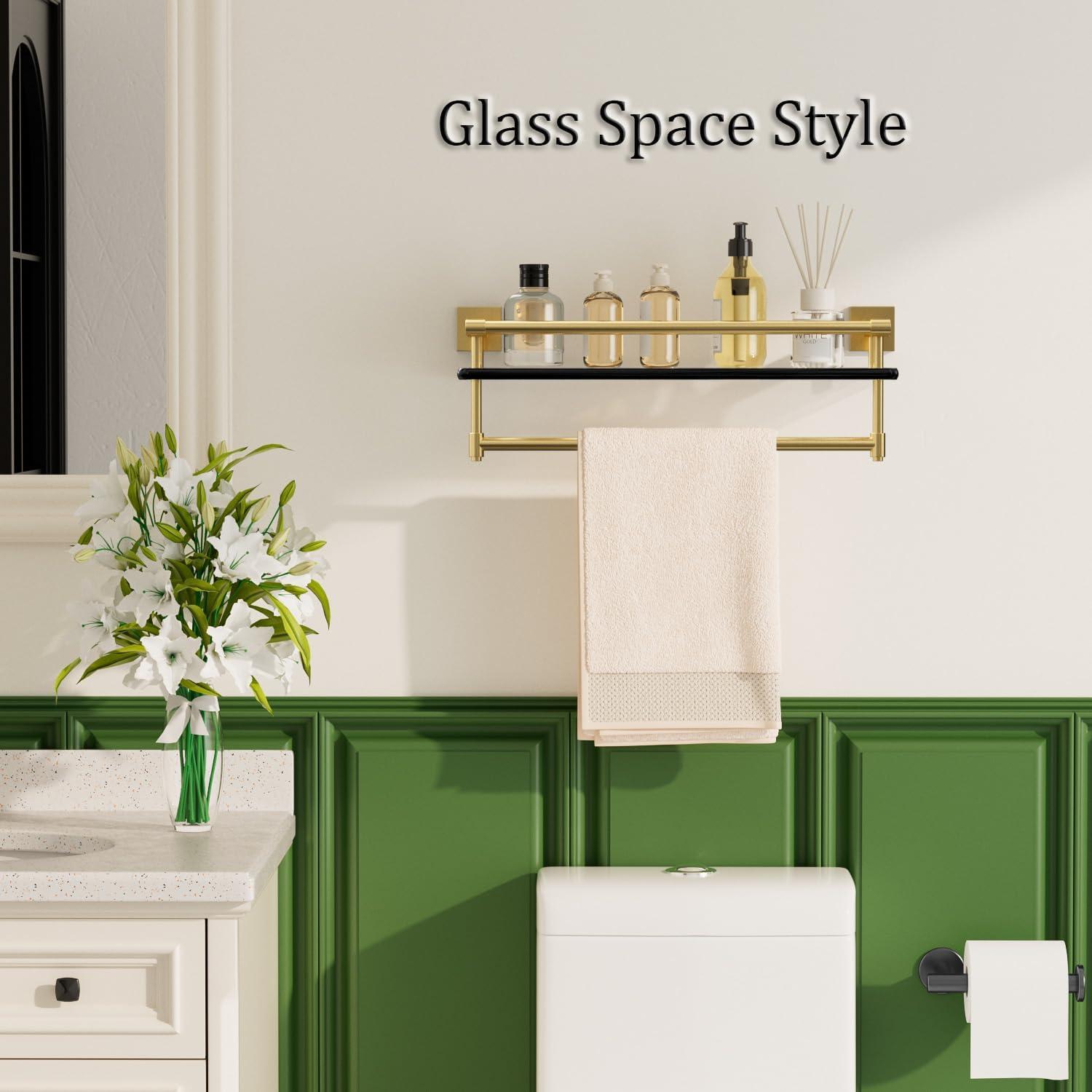 Alise Bathroom Glass Shelf Wall Mounted, Tempered Glass Bathroom Shelf with Towel Bar, SUS304 Stainless Steel Modern Floating Shelf, Brushed Gold, 20 inch