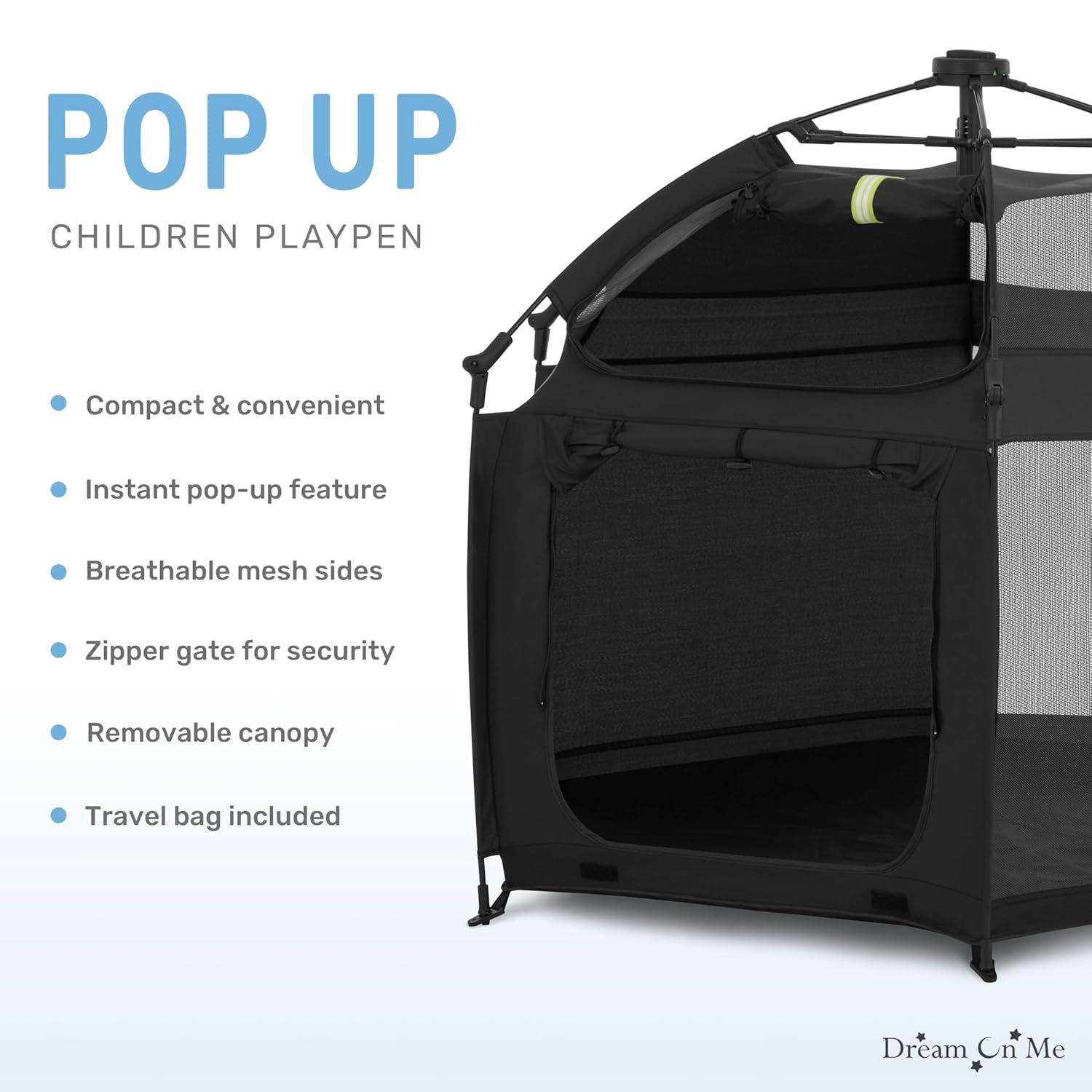 Dream On Me Pop Up Children Playpen, Easy Set-Up- Indoor Play House and Outdoor Play Tent with Canopy Cover, Black