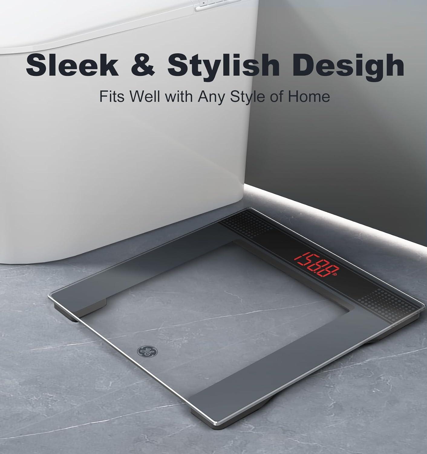 GE Bathroom Scale for Body Weight: Highly Accurate Digital Scale Weighing Machine with Clear Tempered Glass, 11.8" Large Platform, Compact Design, LED Display, 400 lbs, 4 Units, with Body Tape Measure