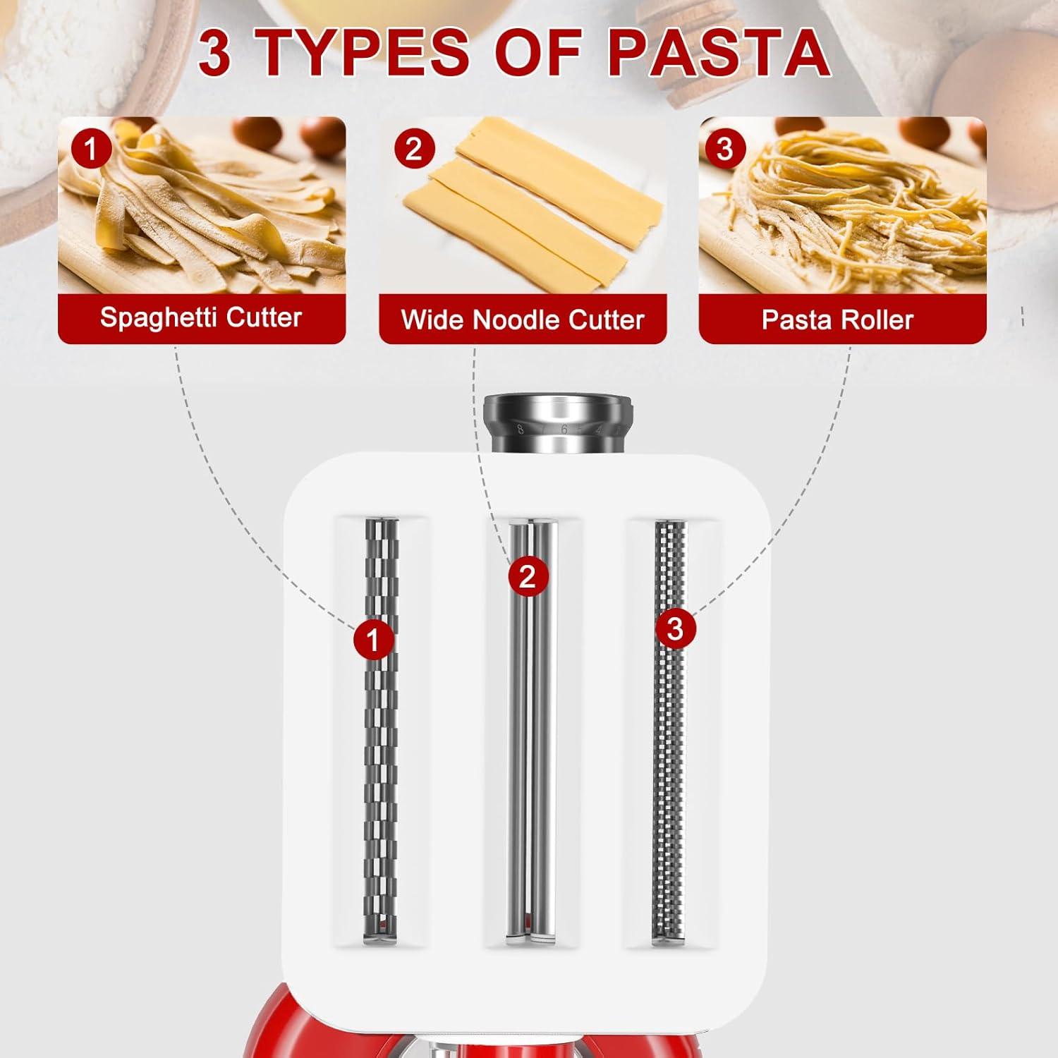 Pasta Maker Accessories Mixers 3 in 1 Set for KitchenAid Stand Mixer Attachments Include Pasta Roller, Spaghetti,Fettuccine Cutter, 8 Adjustable Thickness Settings，Pasta Maker Attachment