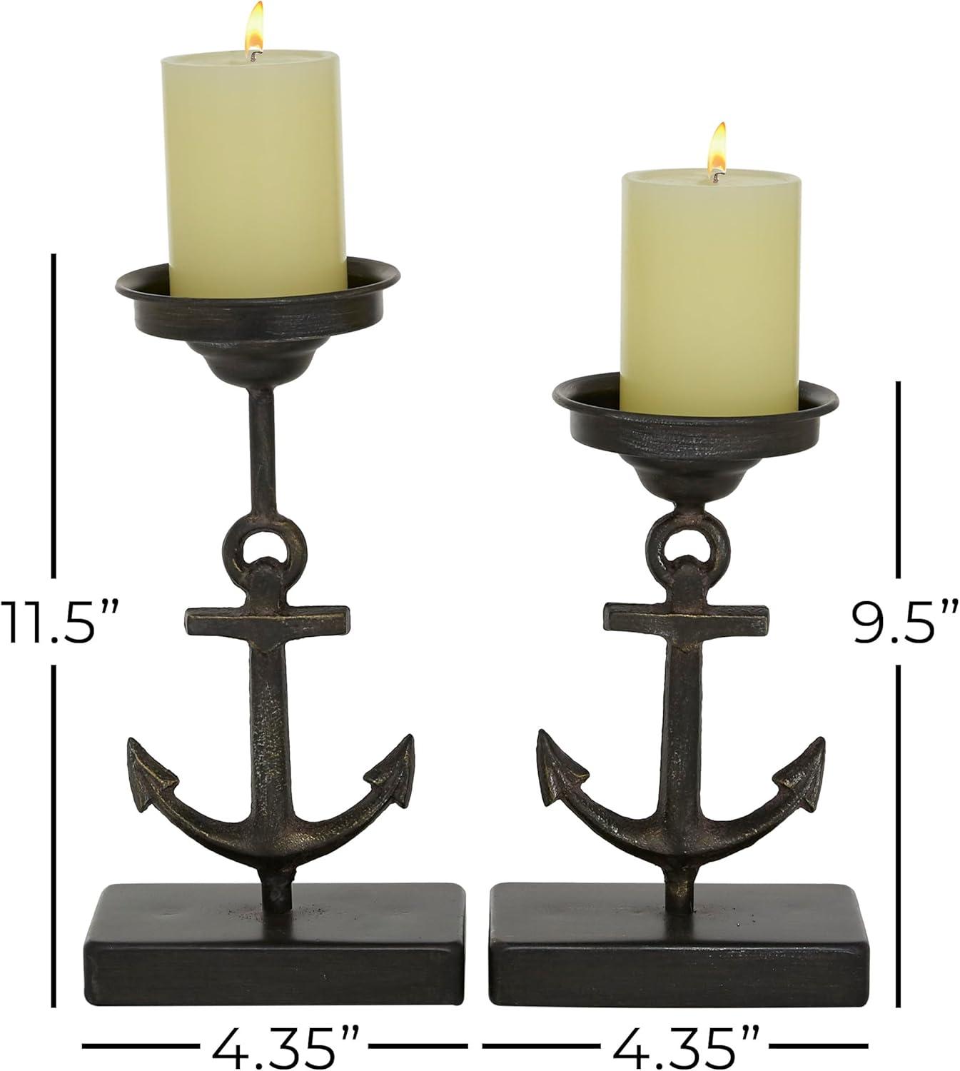 Olivia & May Set of 2 Metal Candle Holders with Ship Anchor Design - : Coastal Style Iron Pillar Candlestand Set