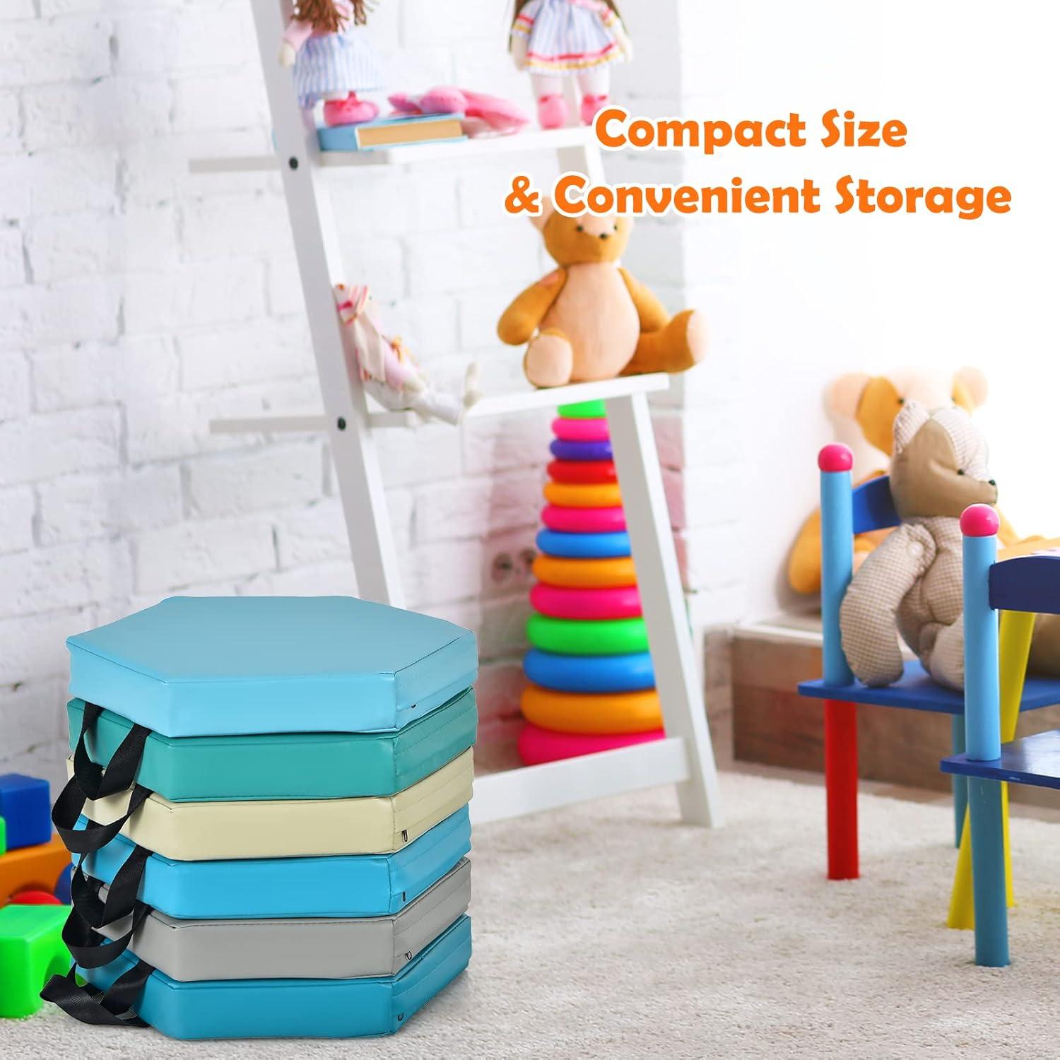 KOTEK 6 Pcs 15'' Kids Floor Cushions with Handles, 3'' Thick Foam Circle Floor Seats, Soft Flexible Seating for Classroom Elementary, School, Daycare, Kindergarten, Preschool, Playroom(Square, Red)