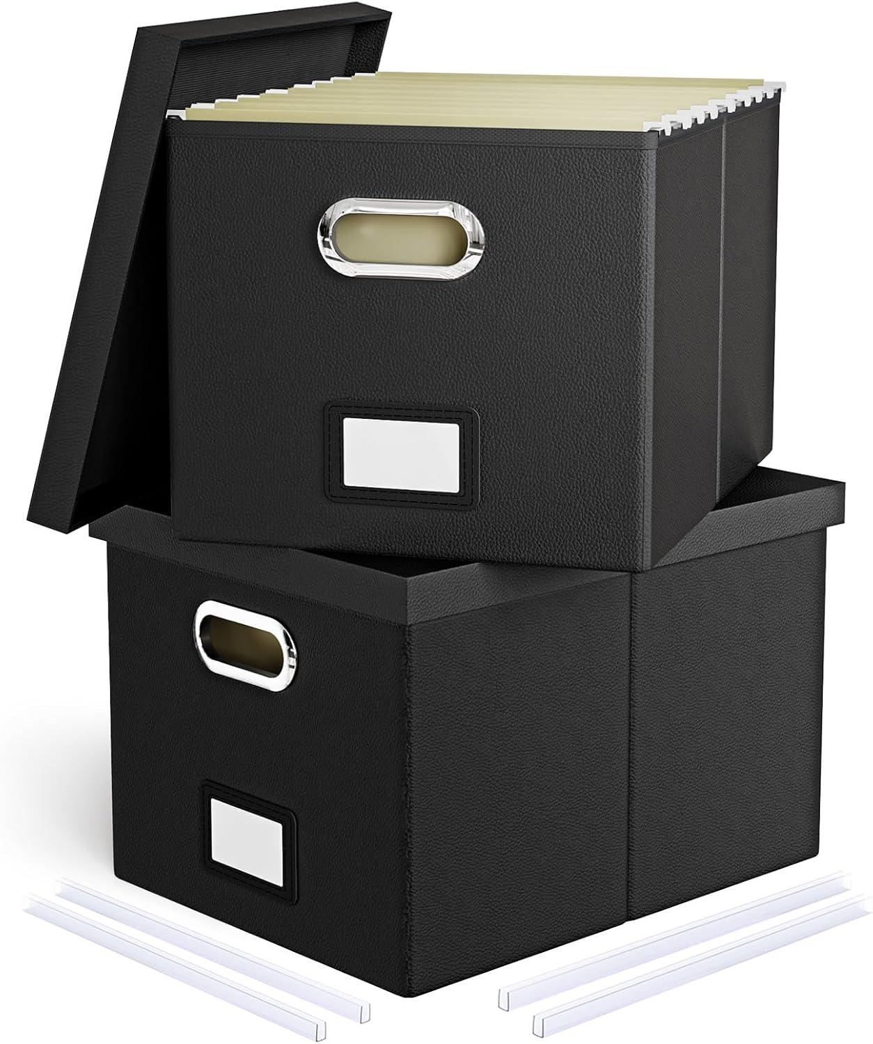 Gijjgole Collapsible Faux Leather Hanging File Folder Box Organizer with lid and Plastic Slides, Black