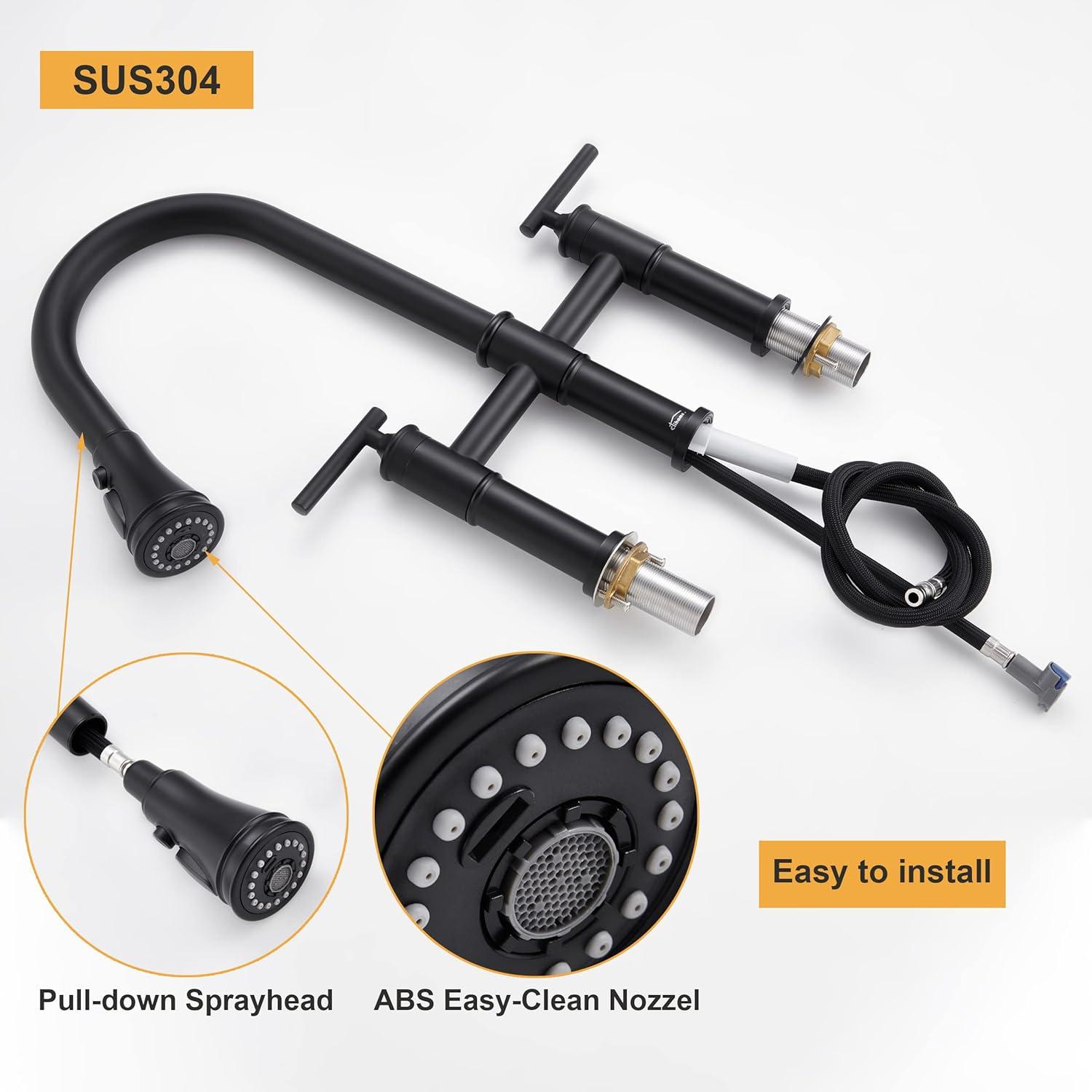 Double Handle Bridge Pull-Down Kitchen Faucet with 3-Spray Patterns and 360 Degrees Rotation Spout in Brushed Nickel