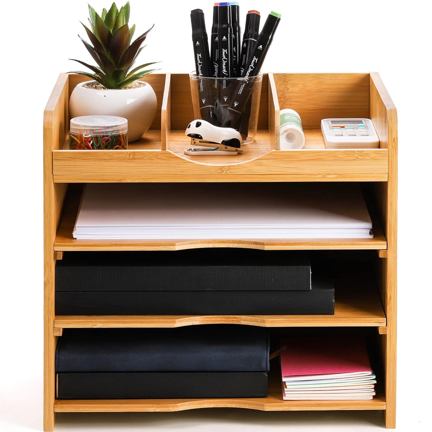 Hokku Designs Bamboo Desk File Organizer,Document Letter Tray Sorter With 2 Adjustable Shelves, 4 Tier Mail Organizer Countertop