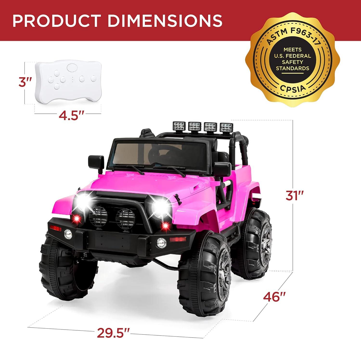 Best Choice Products 12V Kids Ride On Truck Car w/ Remote Control, Spring Suspension, Bluetooth, LED Lights - Pink