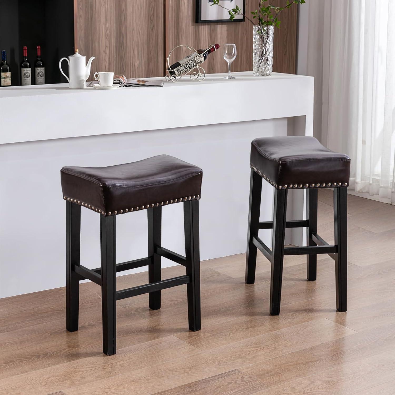 Bar Stools Set of 2, 26" Faux PU Leather Upholstered Counter Height Backless Saddle Stools with Nailhead Trims and Solid Wood Legs Farmhouse Island Chairs for Kitchen Dining Room Pub, Gray