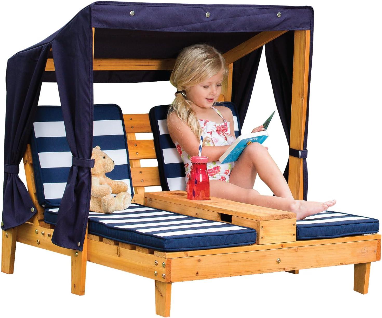 KidKraft Wooden Outdoor Double Chaise with Cup Holders, Kid's Furniture, Honey & Navy