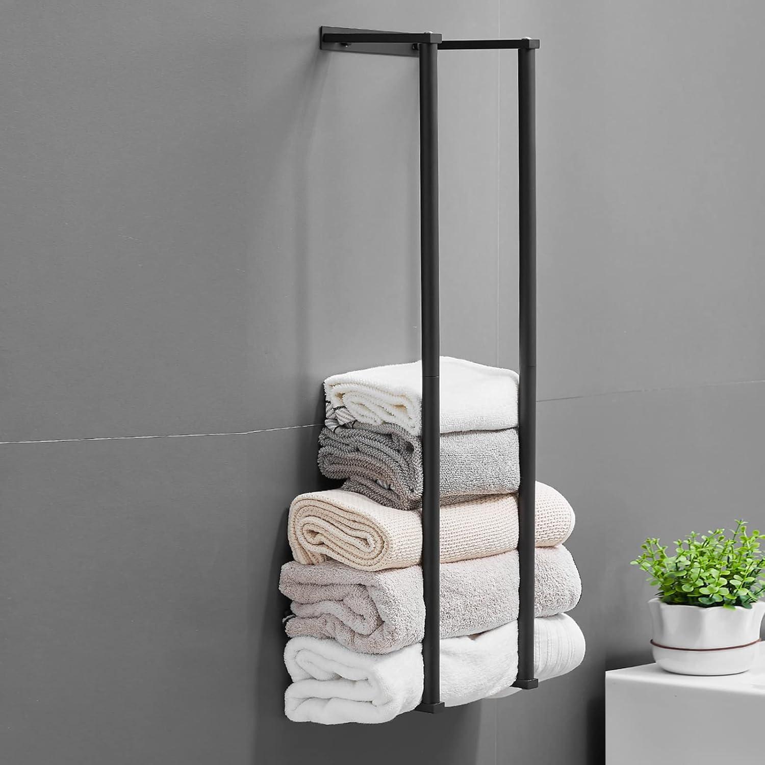 Towel Racks for Bathroom, NEWRAIN Rolled Towel Storage Wall Mounted Bath Towel Holder for Folded Large Towel Washcloths, Bathroom Organizing Matte Black