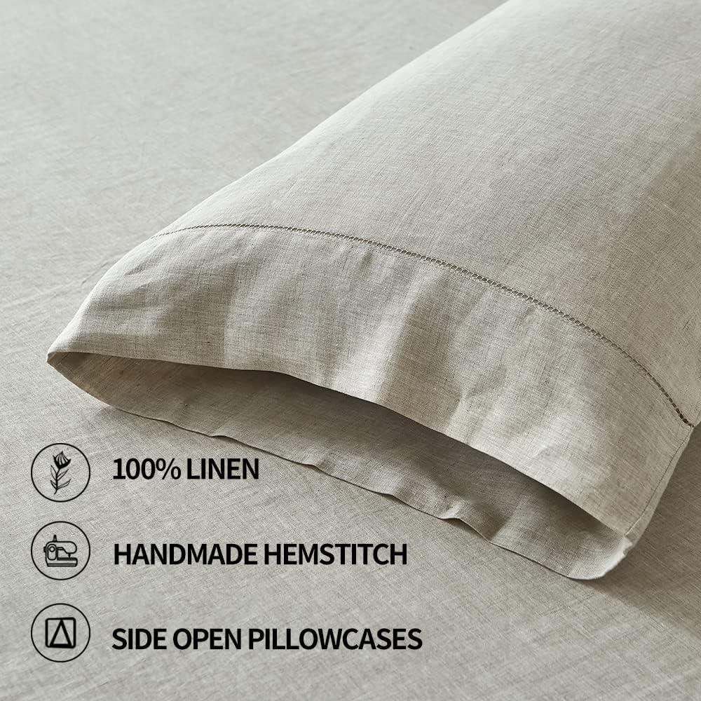 Simple&Opulence 100% French Linen Pillowcase Queen Size-Set of 2- Washed Solid Color Pillow Cases Embroidered -Soft and Durable (Linen, 20''x30'')