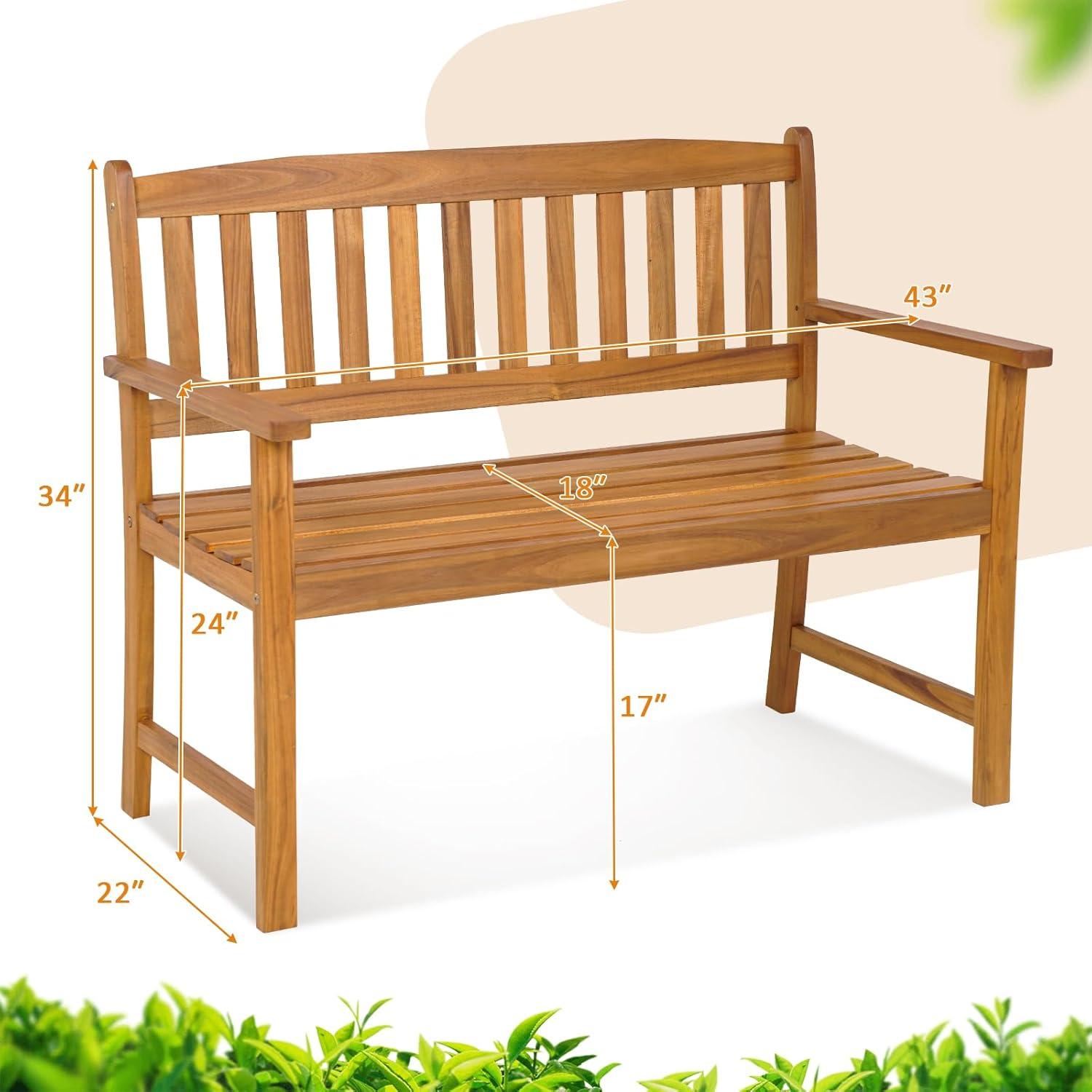 Natural Acacia Wood 2-Person Outdoor Bench with Backrest