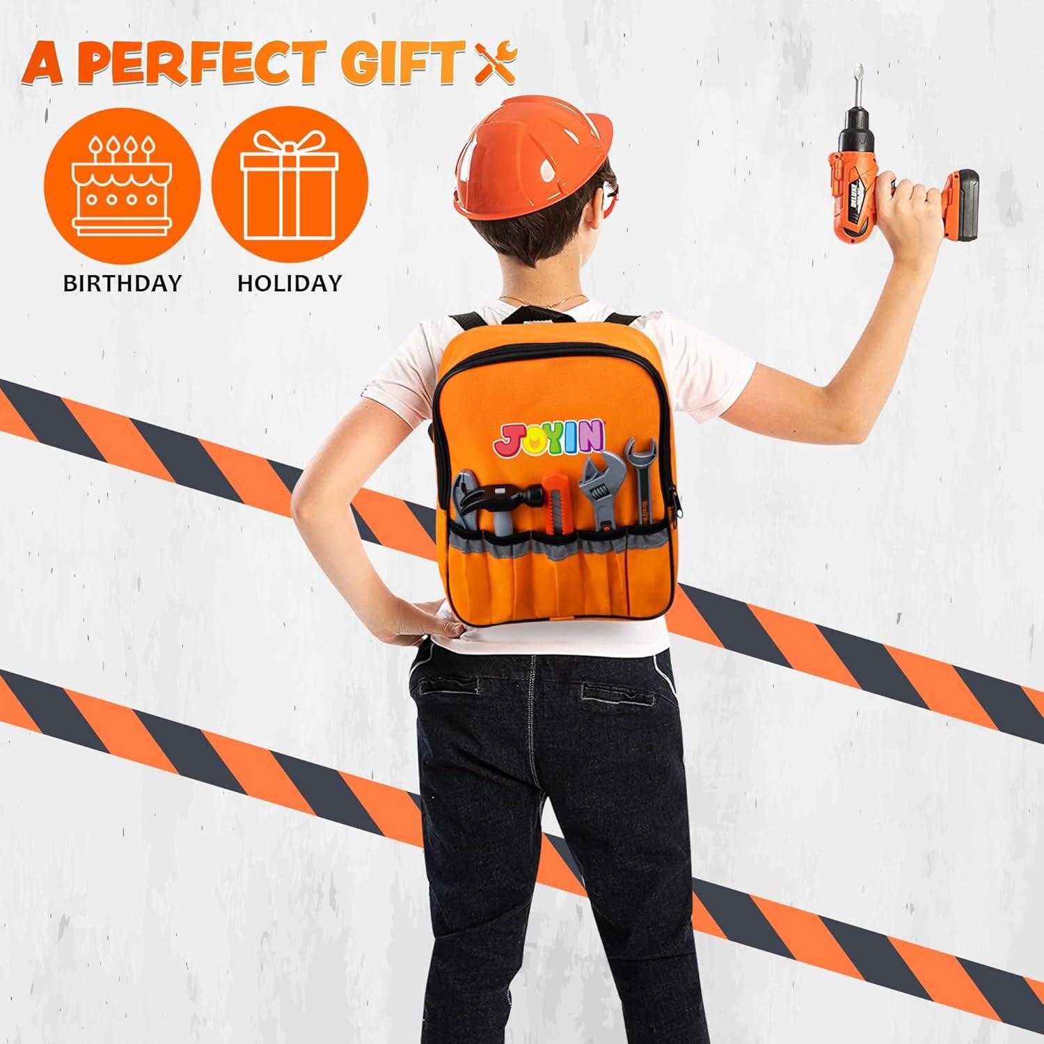 Joyfy 32PCS Kids Tool Set with Construction Backpack Costume & Toy Drill - Pretend Play Tool Kit for Boys & Girls Halloween Birthday Dress Up Party